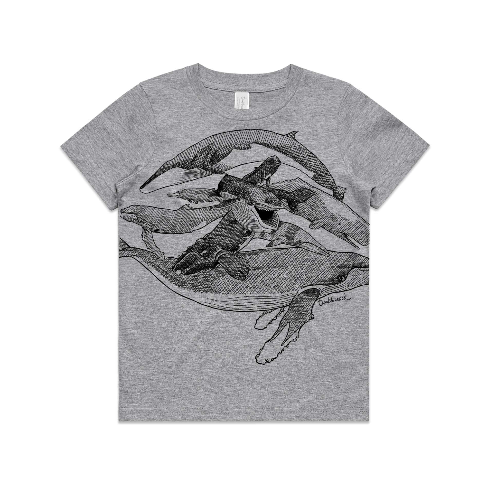 Grey marle, cotton kids' t-shirt with screen printed Kids whales design.