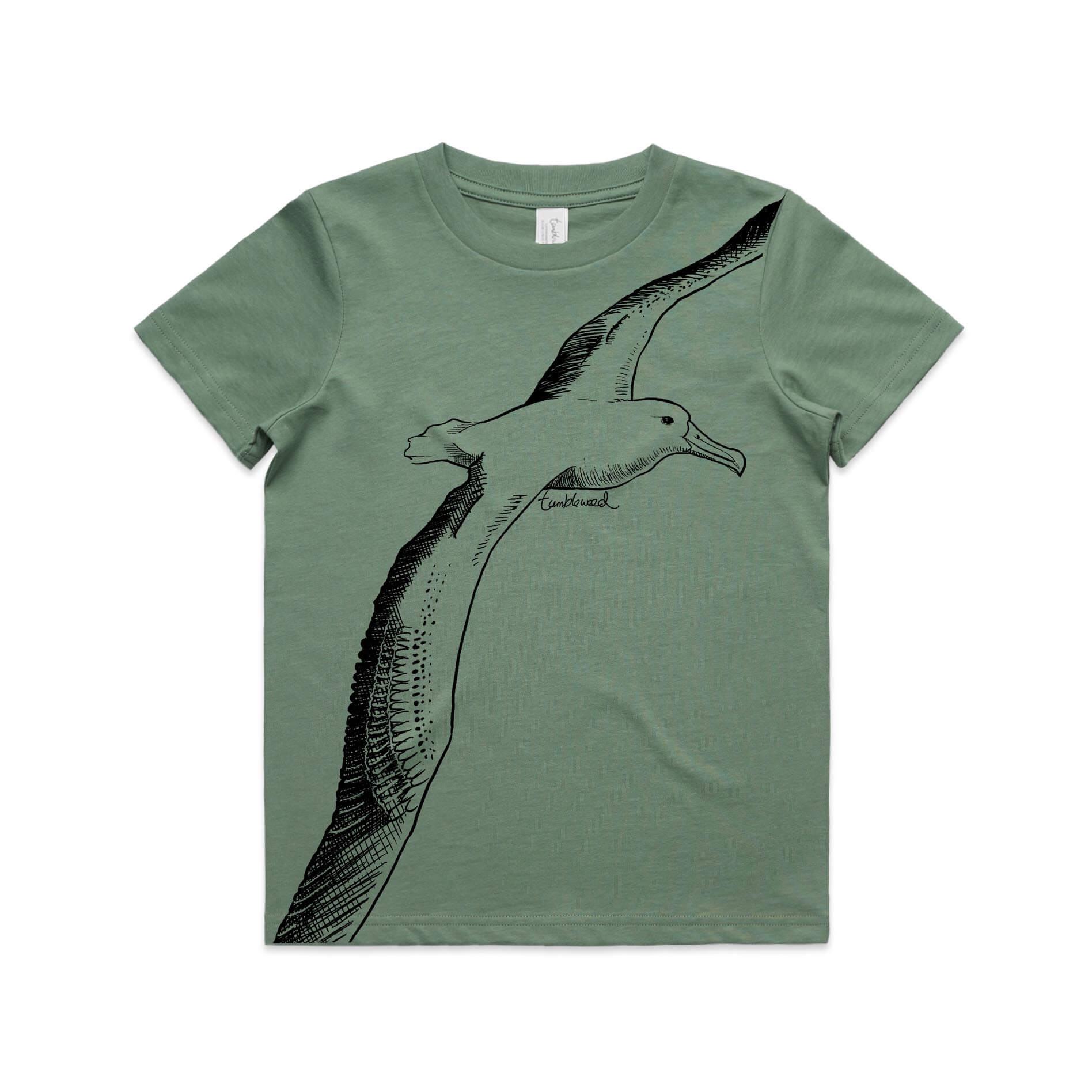 Sage, cotton kids' t-shirt with screen printed albatross design.