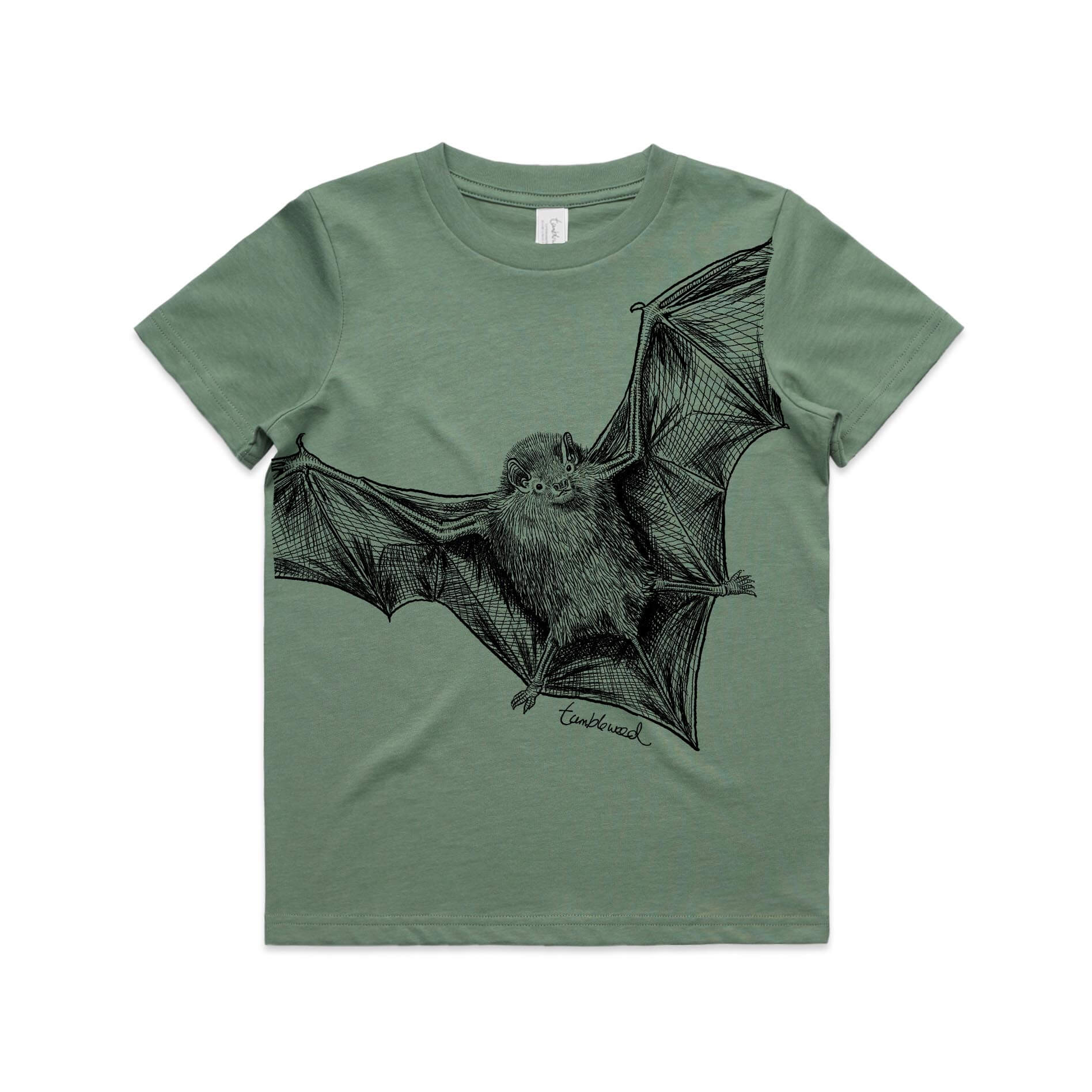 Sage, cotton kids' t-shirt with screen printed Kids bat design.