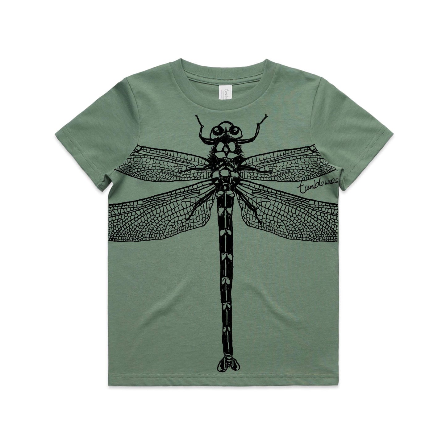 Sage, cotton kids' t-shirt with screen printed Kids dragonfly design.