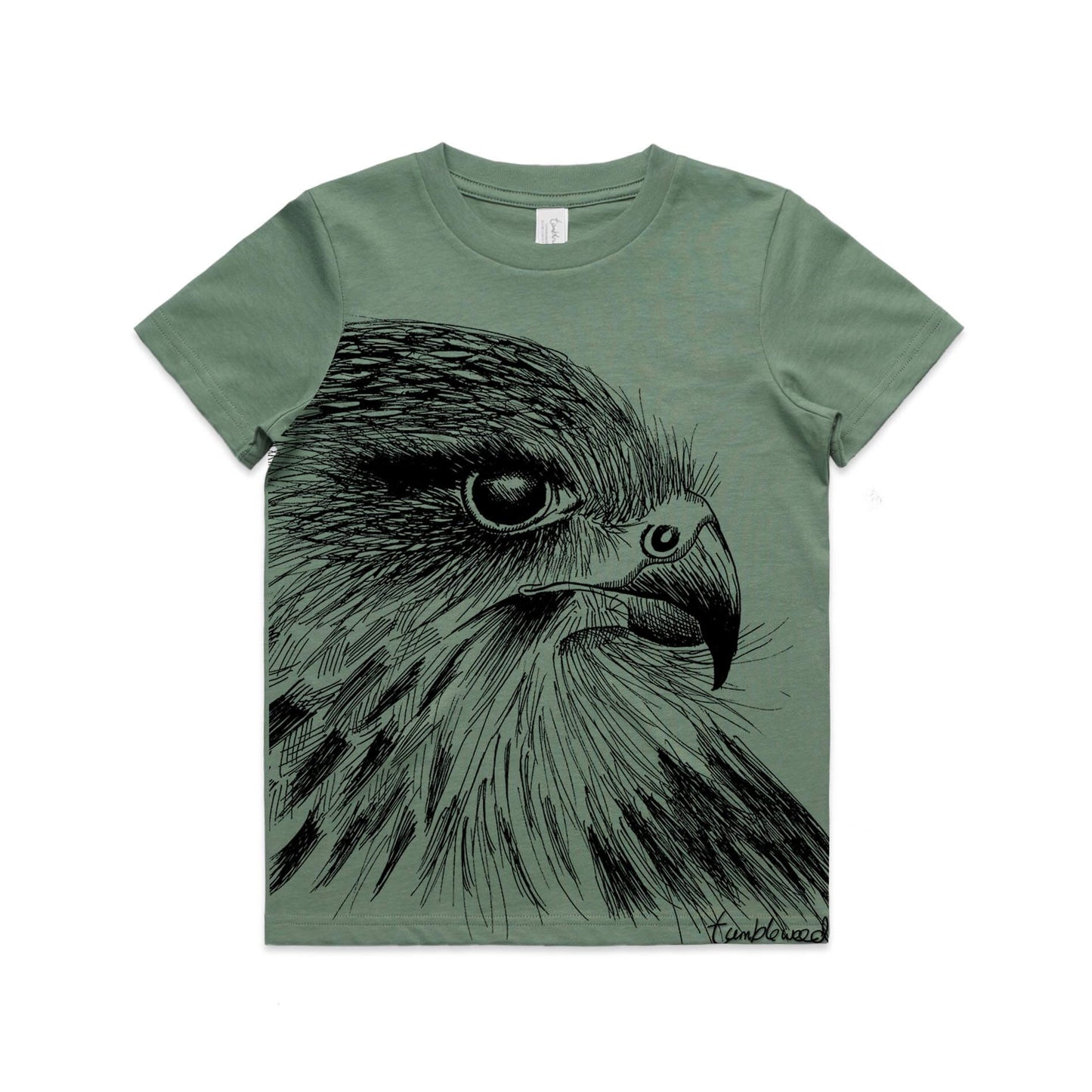 Sage, cotton kids' t-shirt with screen printed Kids Karearea/NZ Falcon design.