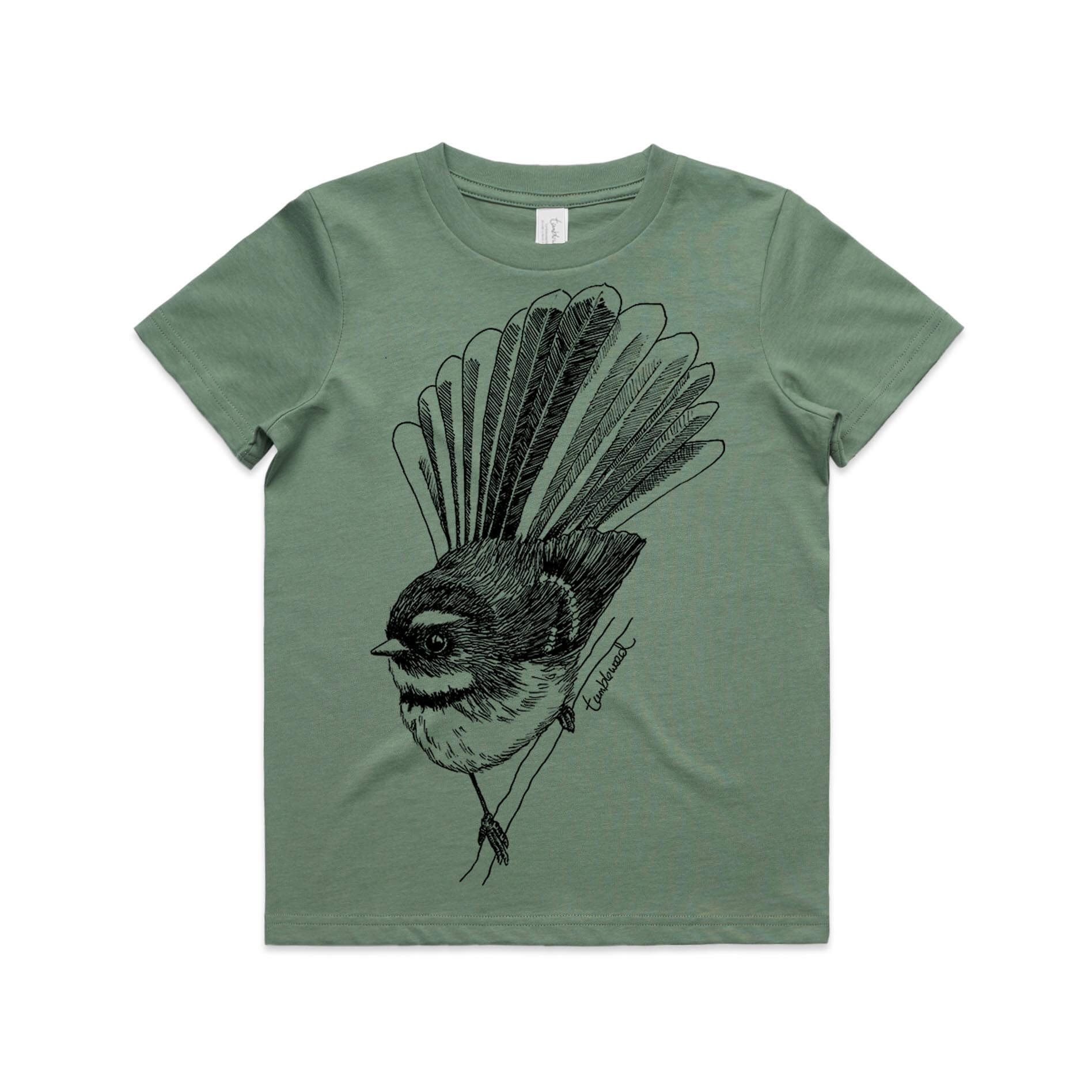 Sage, cotton kids' t-shirt with screen printed fantail/piwakawaka design.