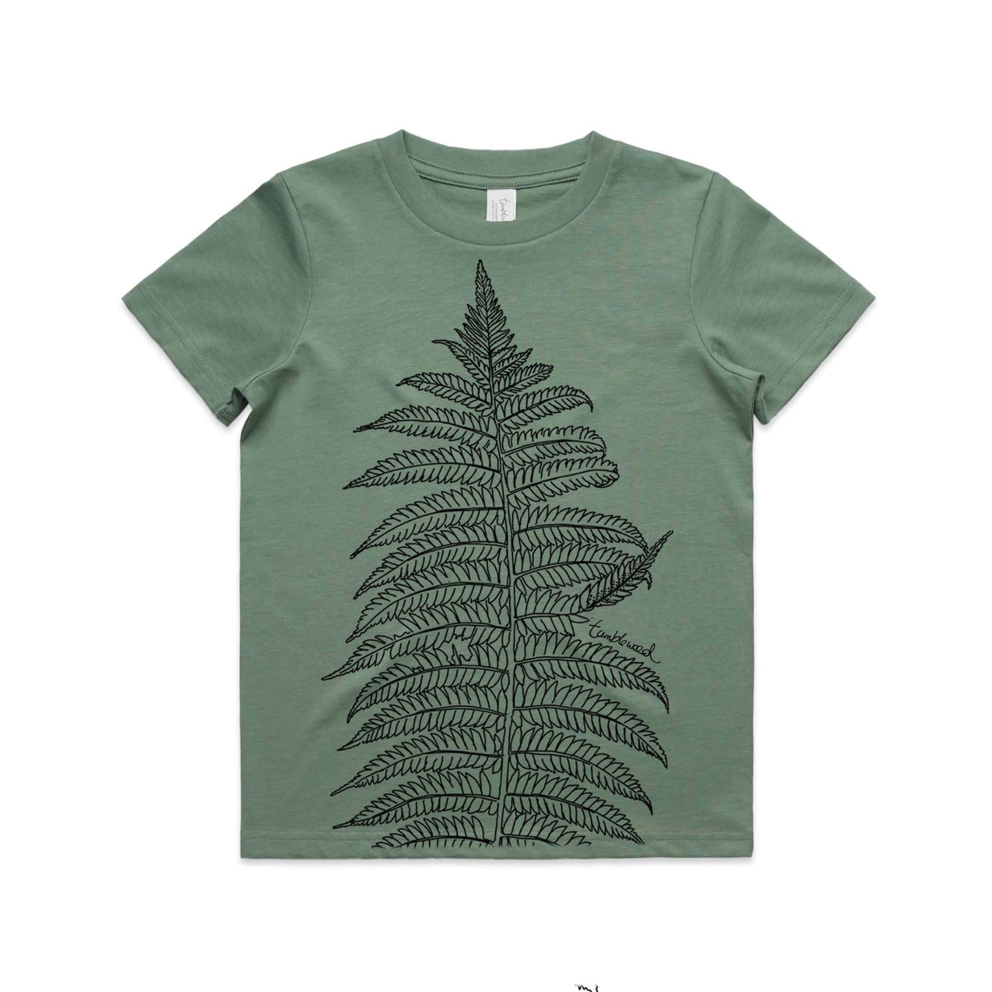 Sage, cotton kids' t-shirt with screen printed Silver fern/ponga design.