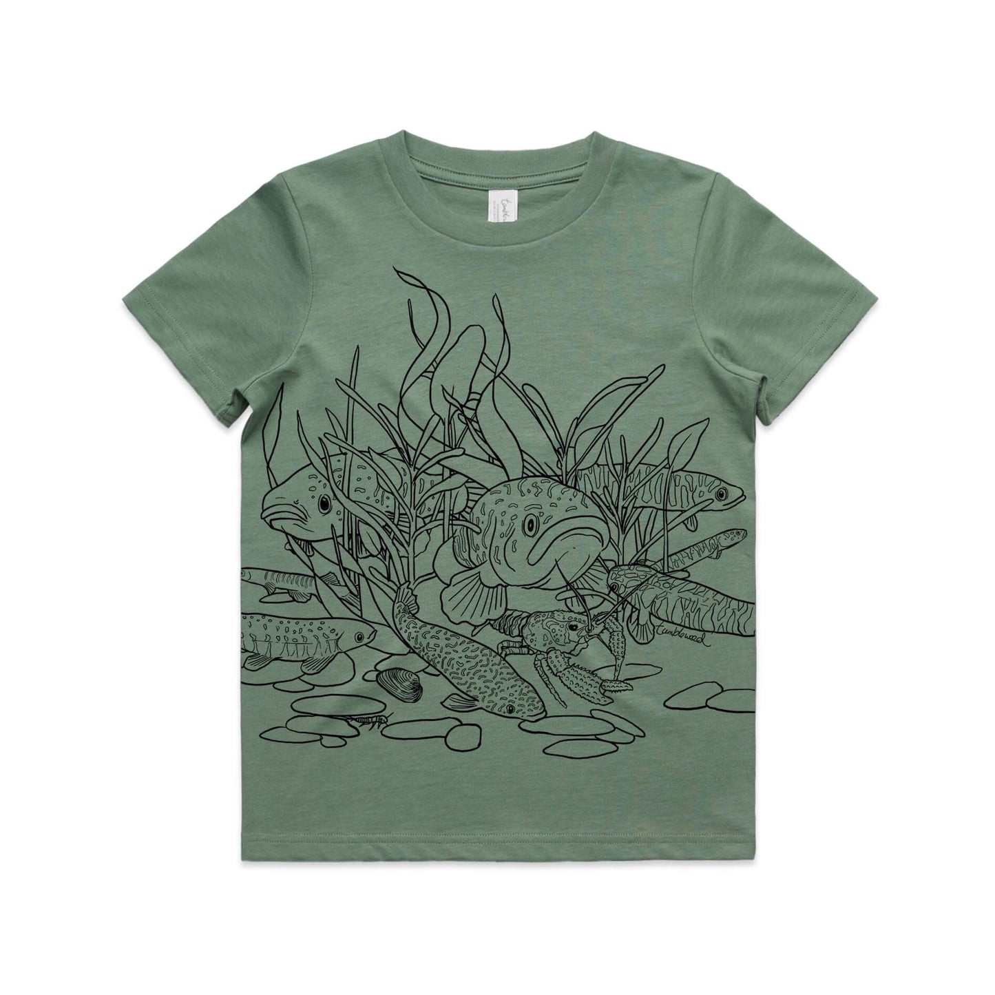 Sage, cotton kids' t-shirt with screen printed freshwater fish design.
