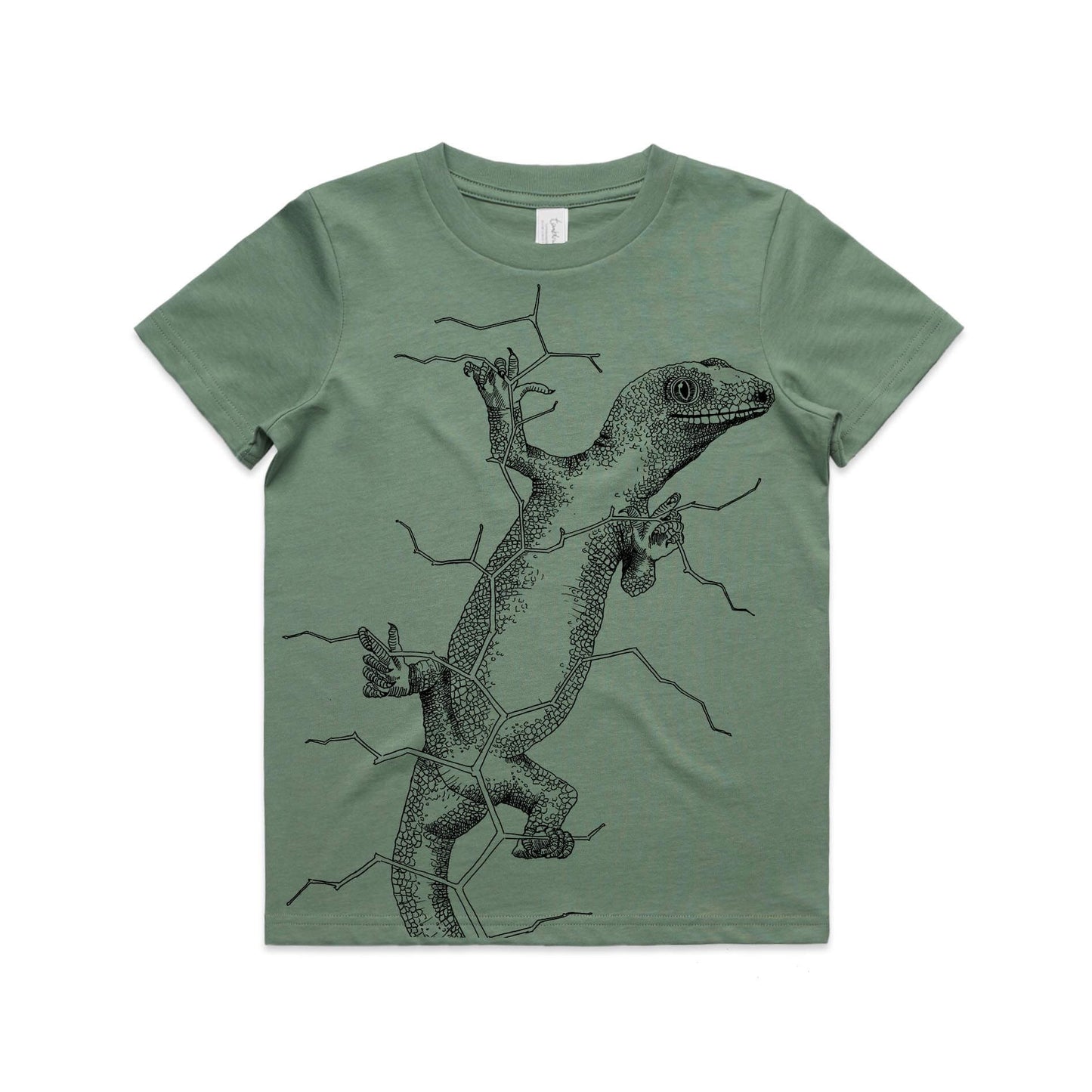 Sage, cotton kids' t-shirt with screen printed gecko design.