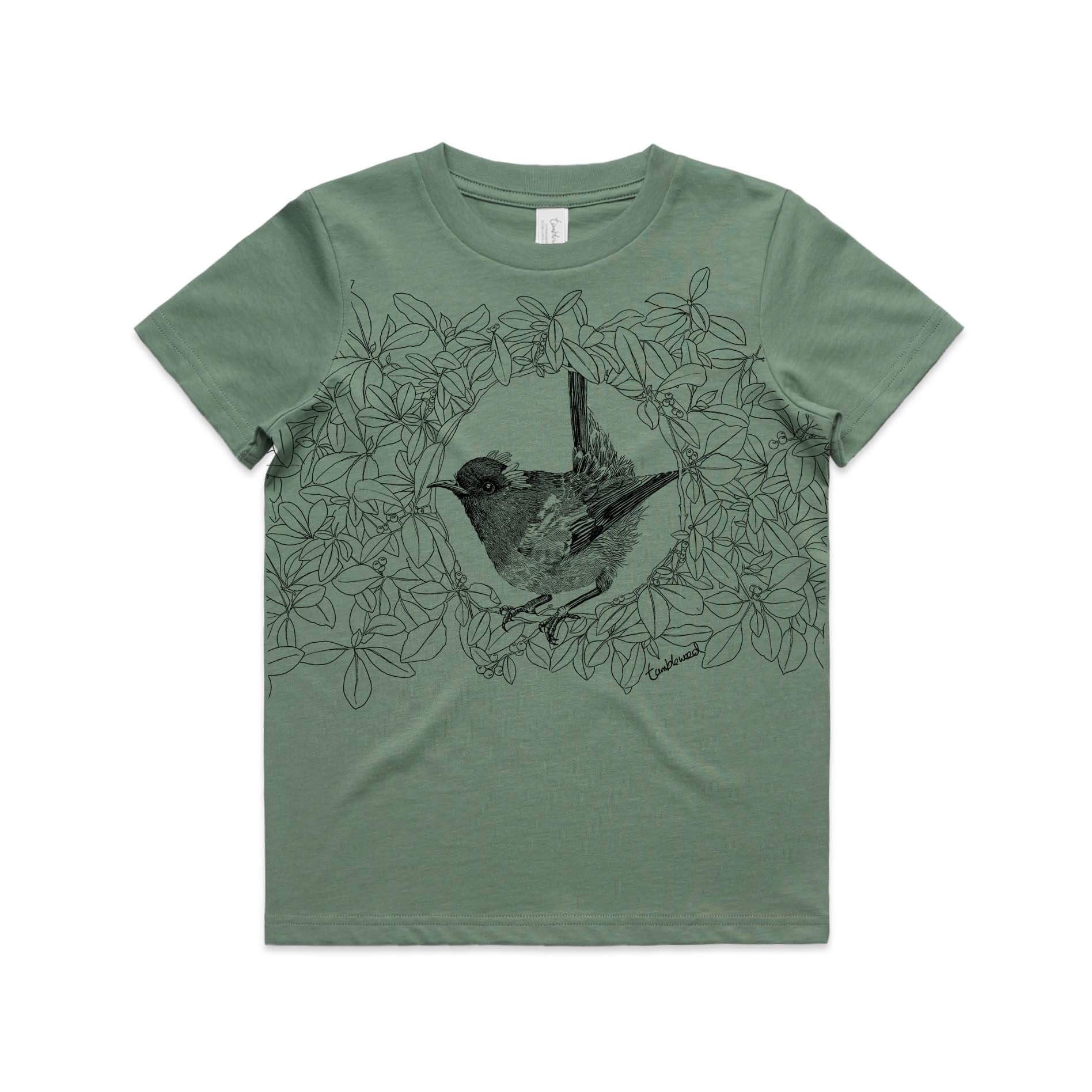 Sage, cotton kids' t-shirt with screen printed Kids hihi/stitchbird design.