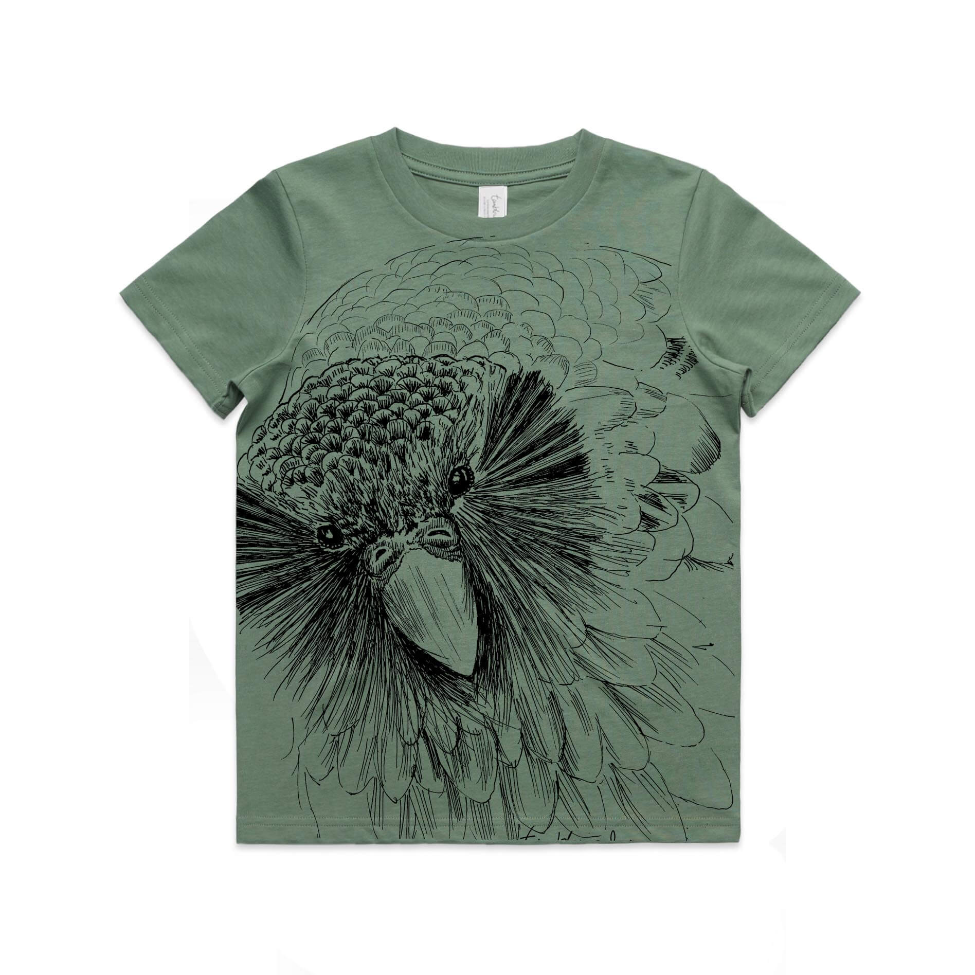 Sage, cotton kids' t-shirt with screen printed Sirocco the Kakapo design.