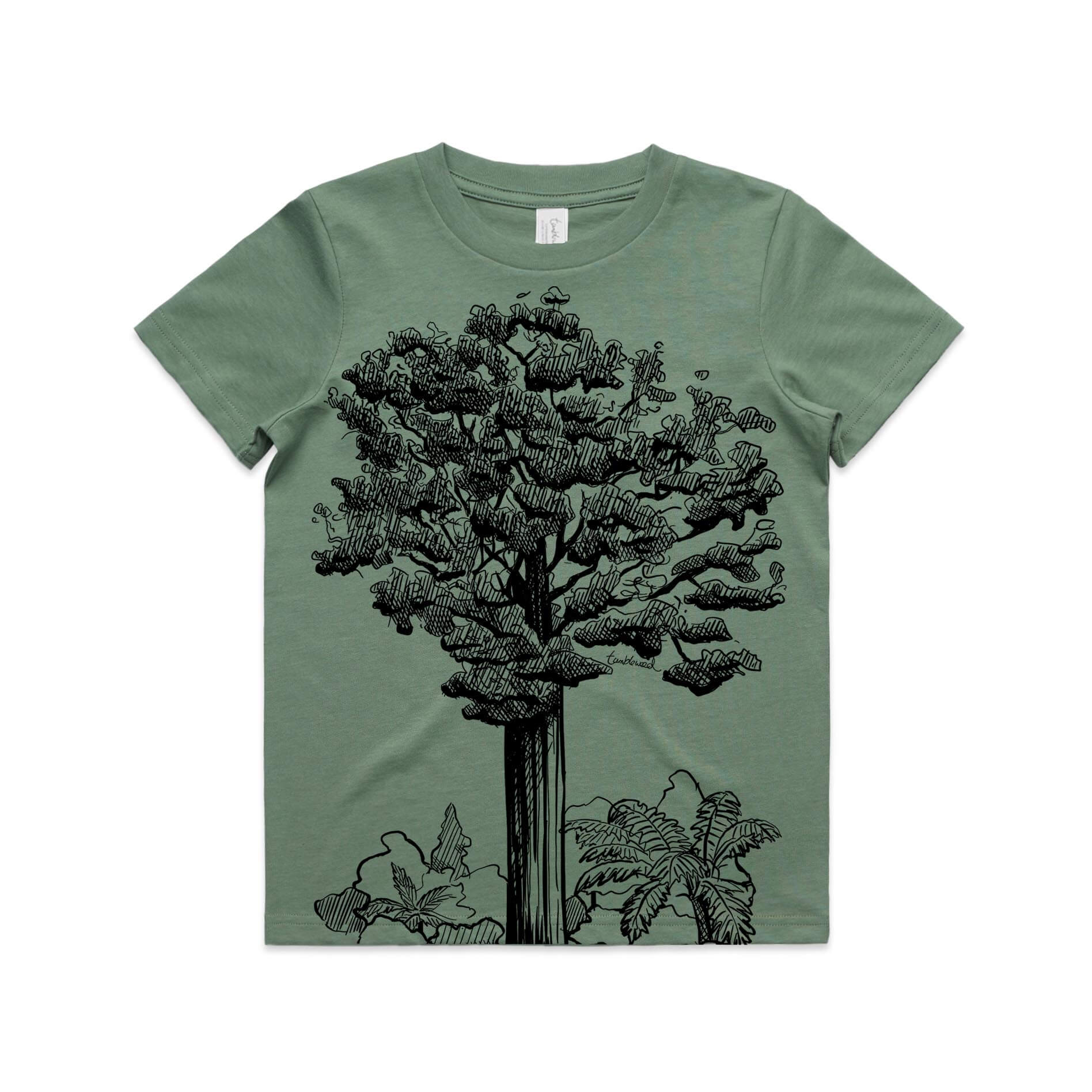 Sage, cotton kids' t-shirt with screen printed tuatara design.