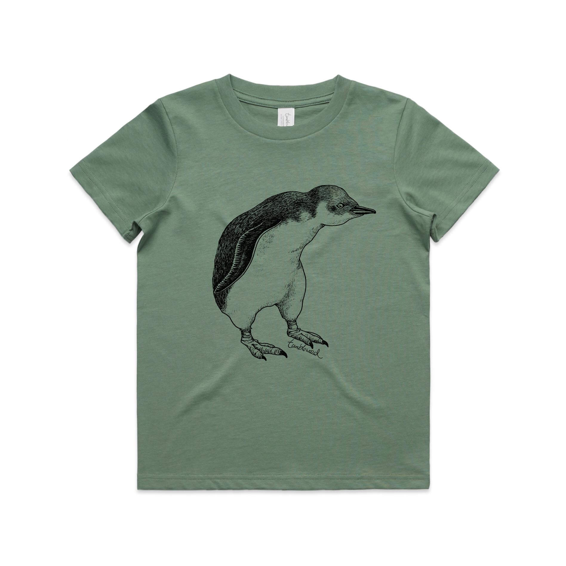 Sage, cotton kids' t-shirt with screen printed Kids little penguin design.