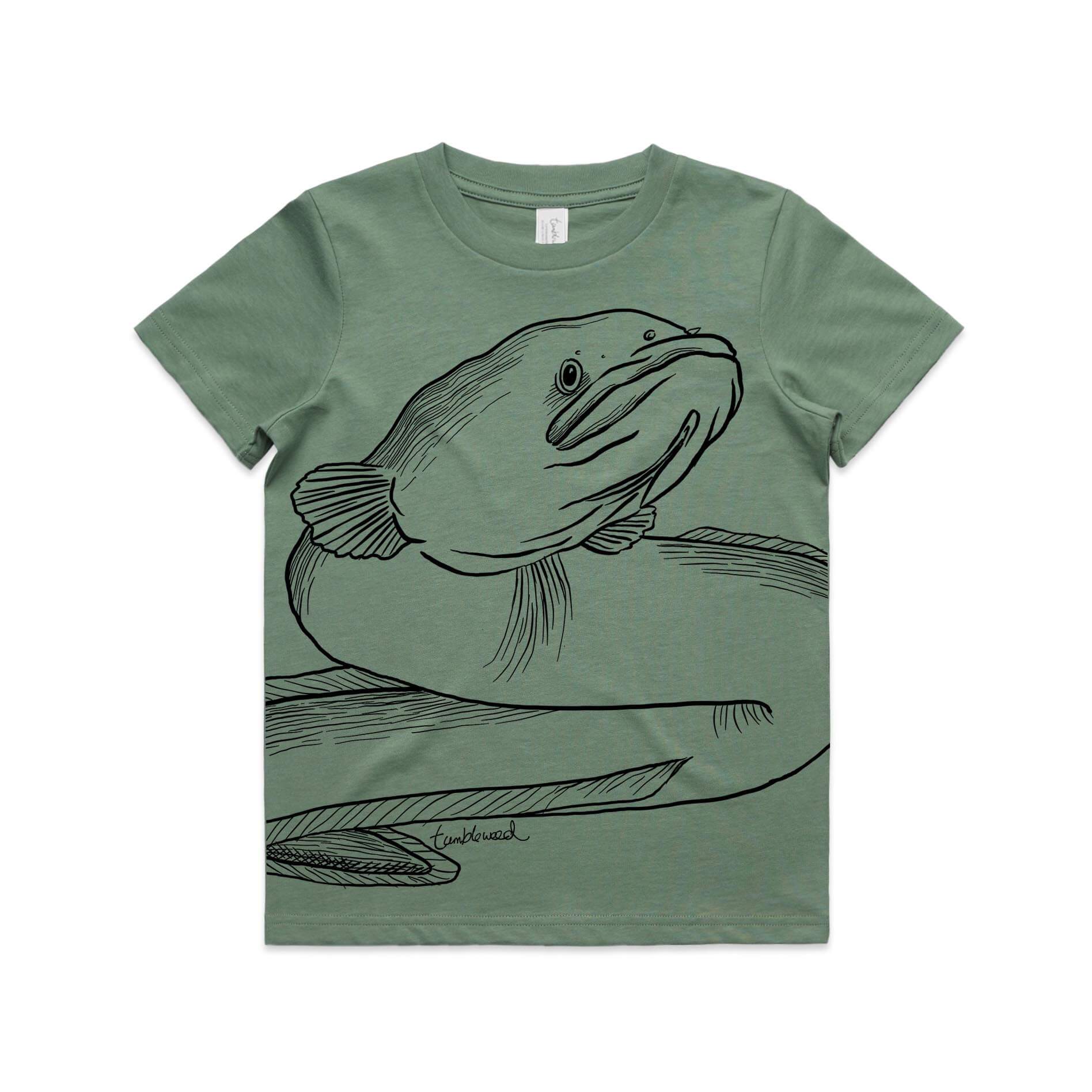 Sage, cotton kids' t-shirt with screen printed Long fin eel/tuna design.