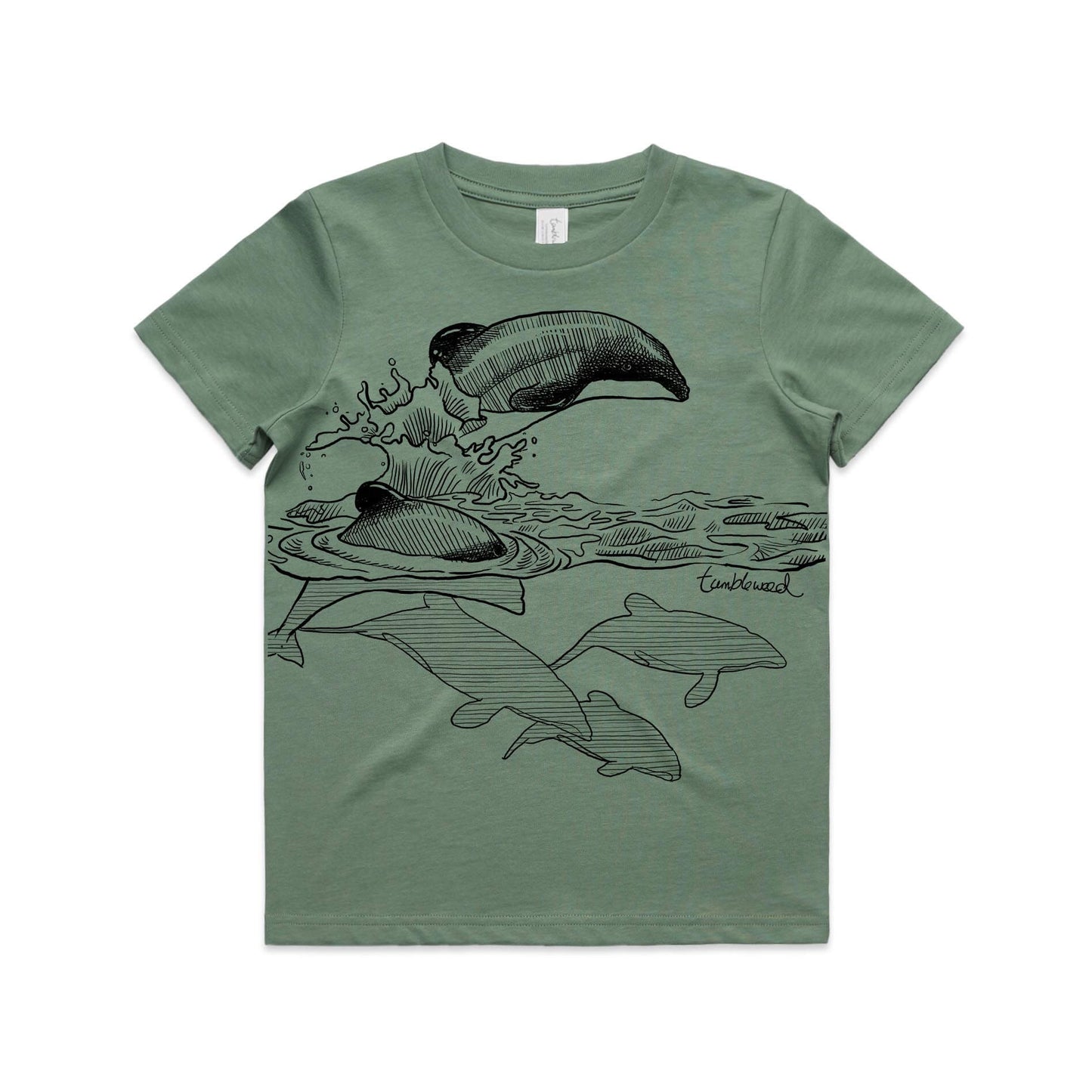 Sage, cotton kids' t-shirt with screen printed ducks maui dolphin design.