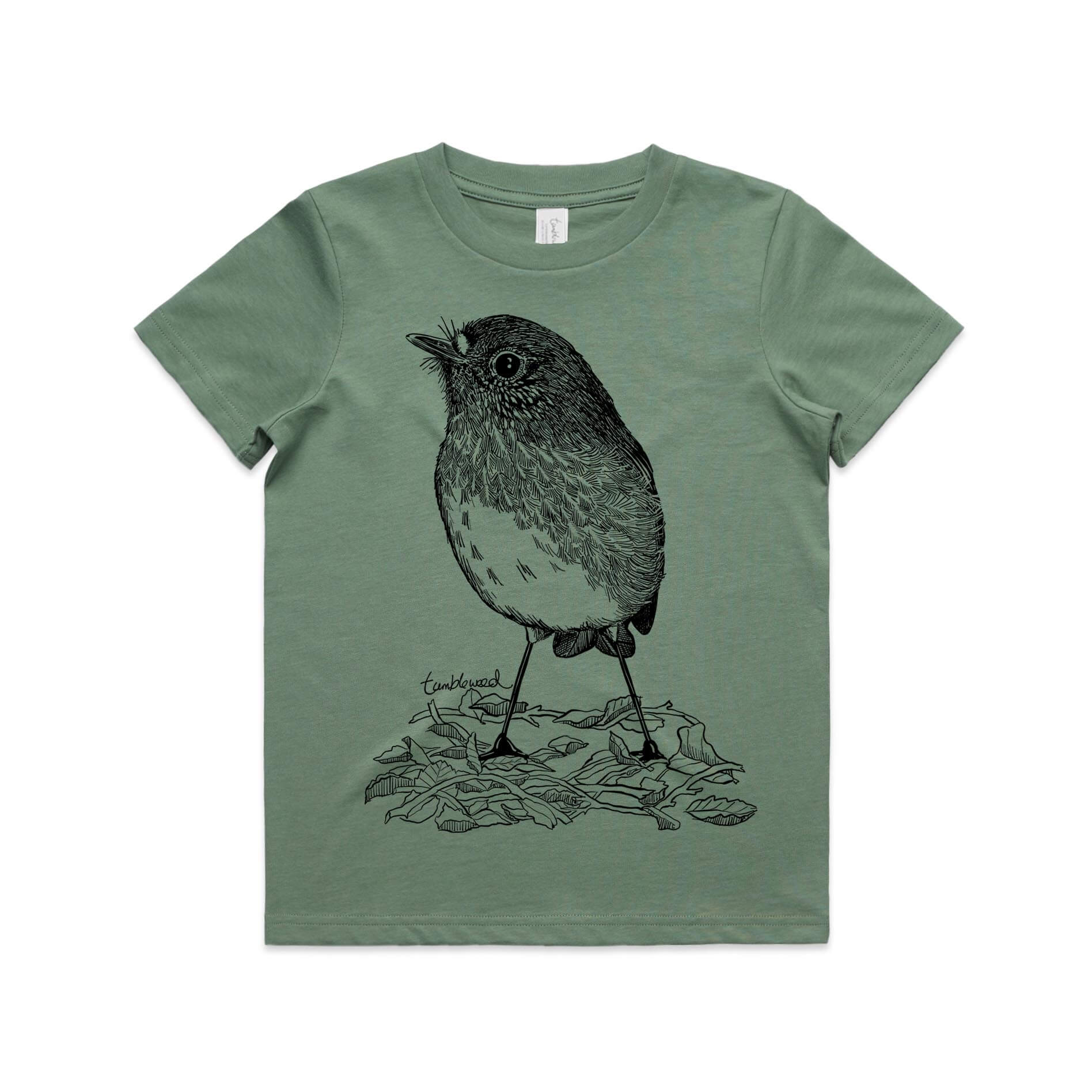 Sage, cotton kids' t-shirt with screen printed North Island robin/toutouwai design.