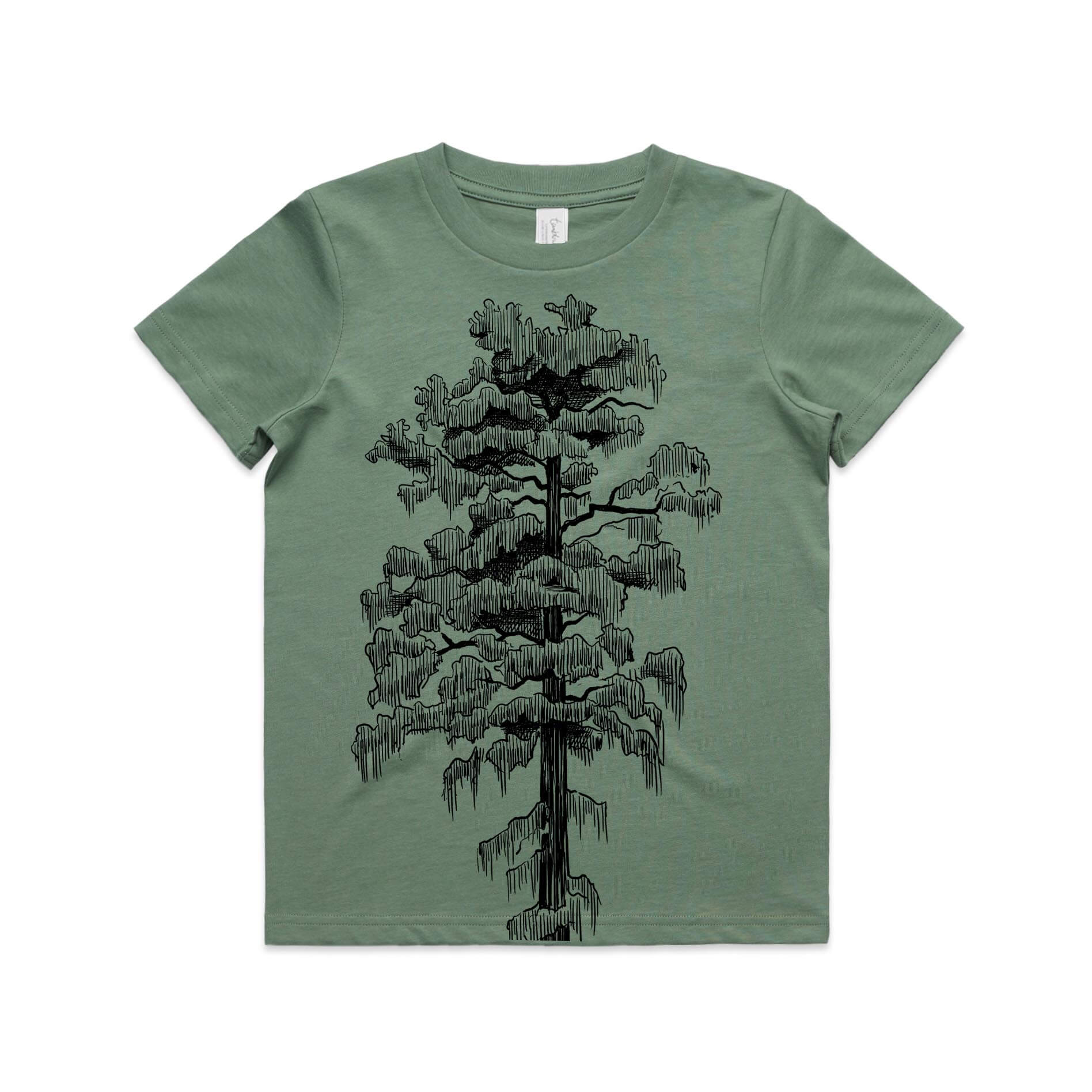 Sage, cotton kids' t-shirt with screen printed rimu design.