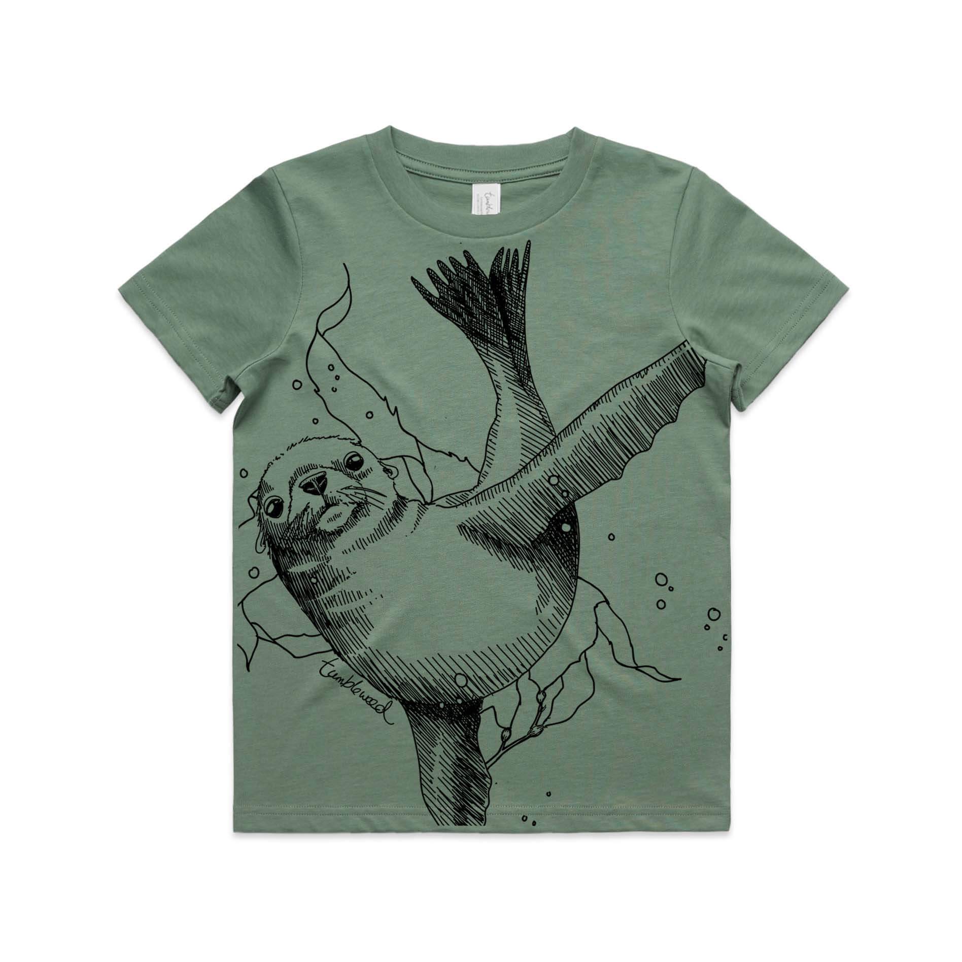 Sage, kids’ t-shirt featuring a screen printed New Zealand sea lion design.
