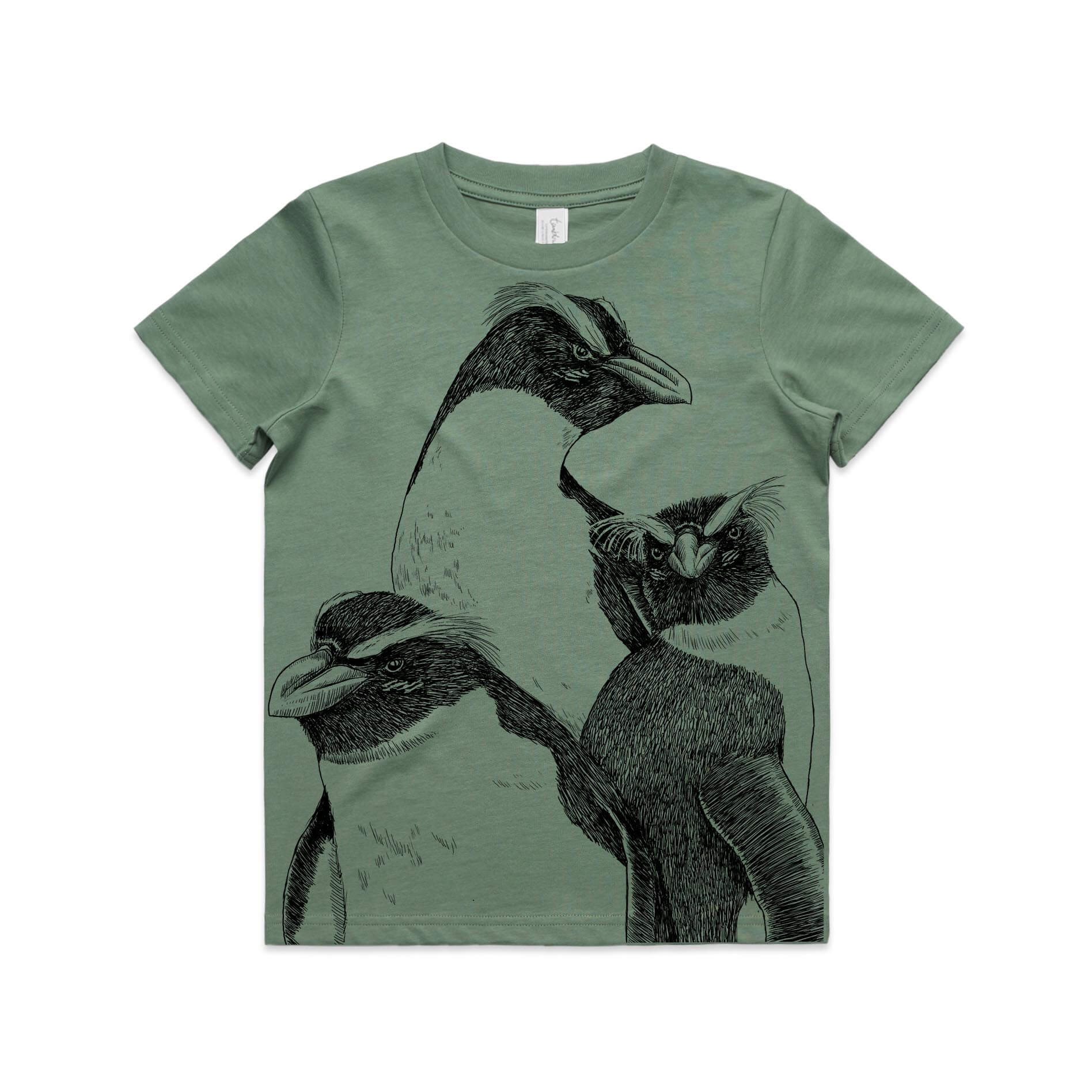 Sage, cotton kids' t-shirt with screen printed Kids tawaki/fiordland crested penguin design.