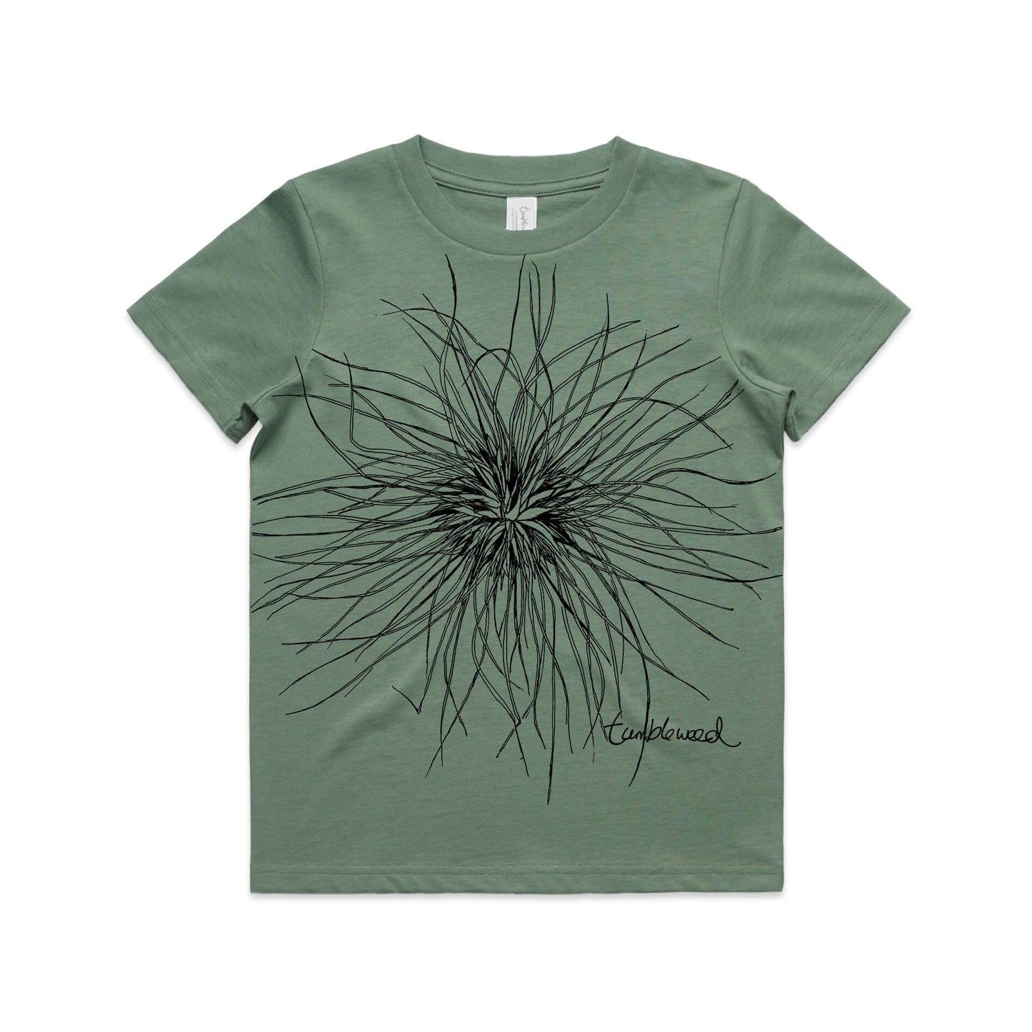 Sage, cotton kids' t-shirt with screen printed Kids tumbleweed design.