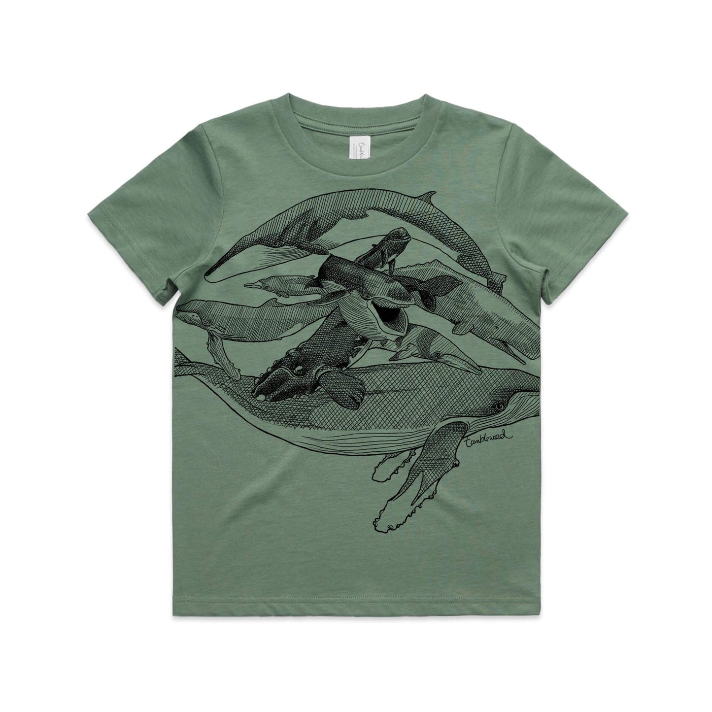 Sage, cotton kids' t-shirt with screen printed Kids whales design.