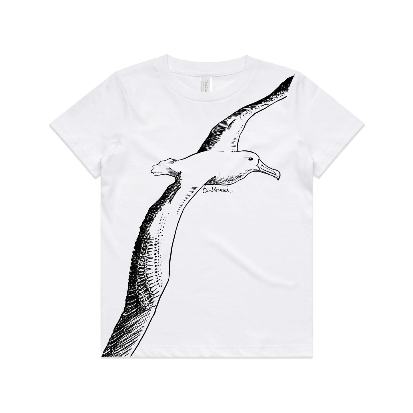 White, cotton kids' t-shirt with screen printed albatross design.