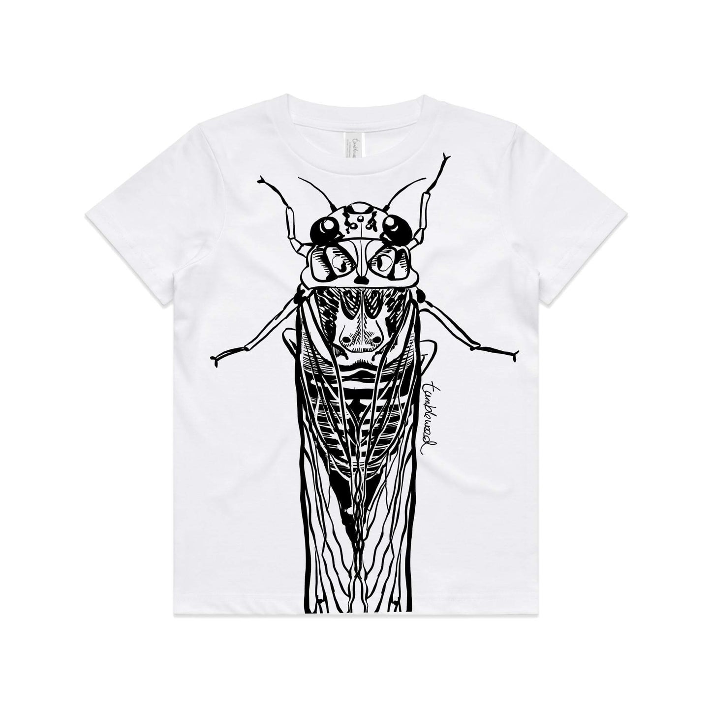 White, cotton kids' t-shirt with screen printed cicada/kihikihi-wawā design.