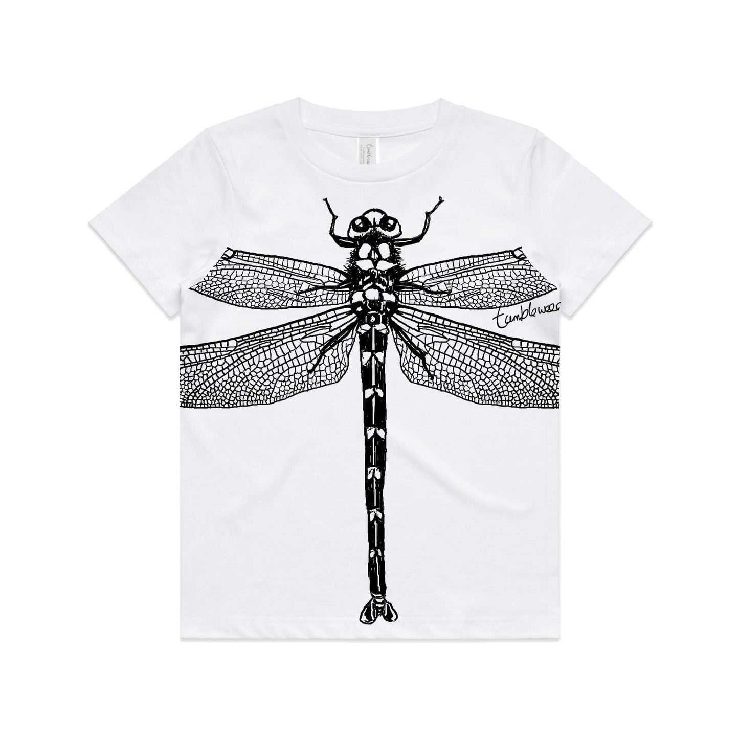 White, cotton kids' t-shirt with screen printed Kids dragonfly design.