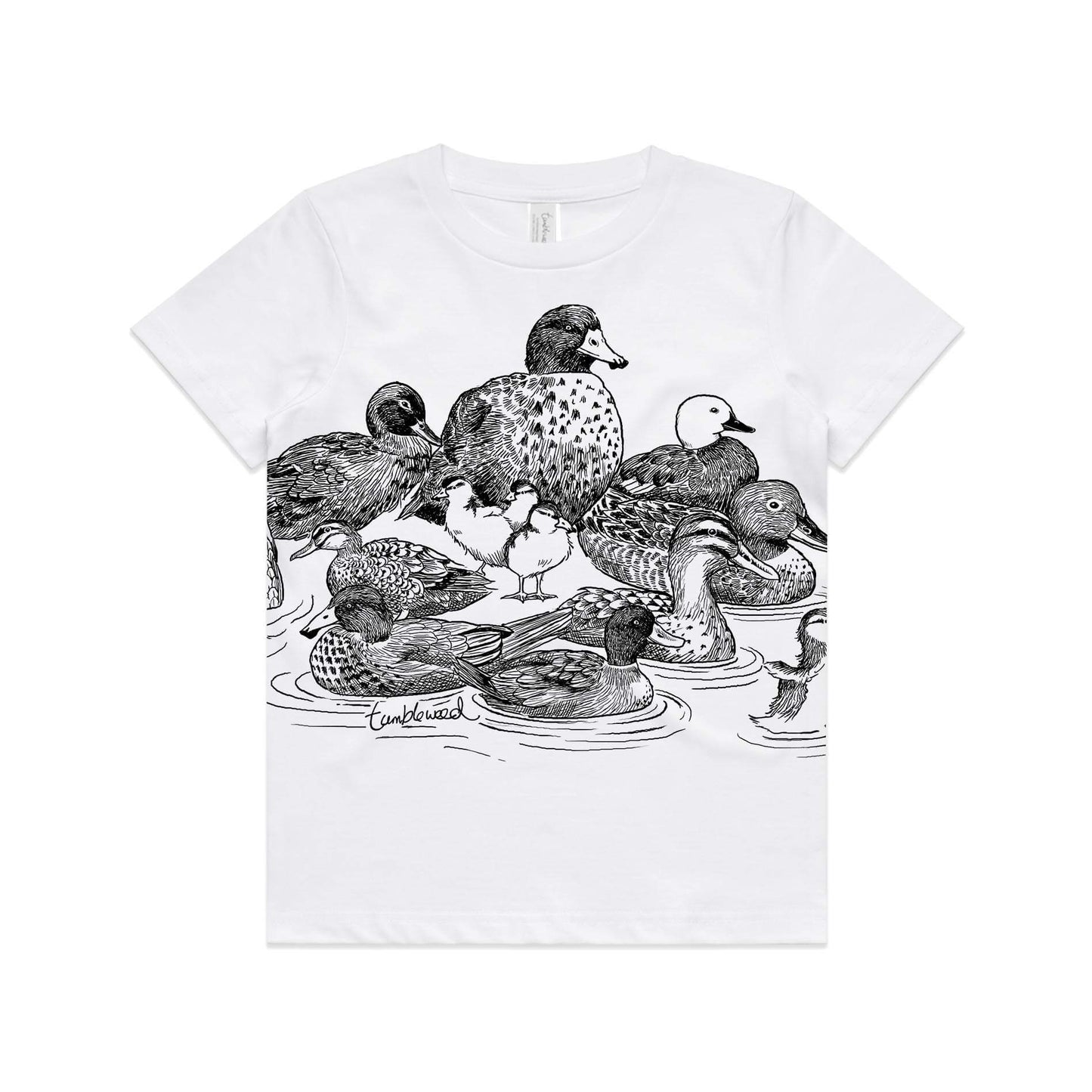 White, cotton kids' t-shirt with screen printed ducks design.