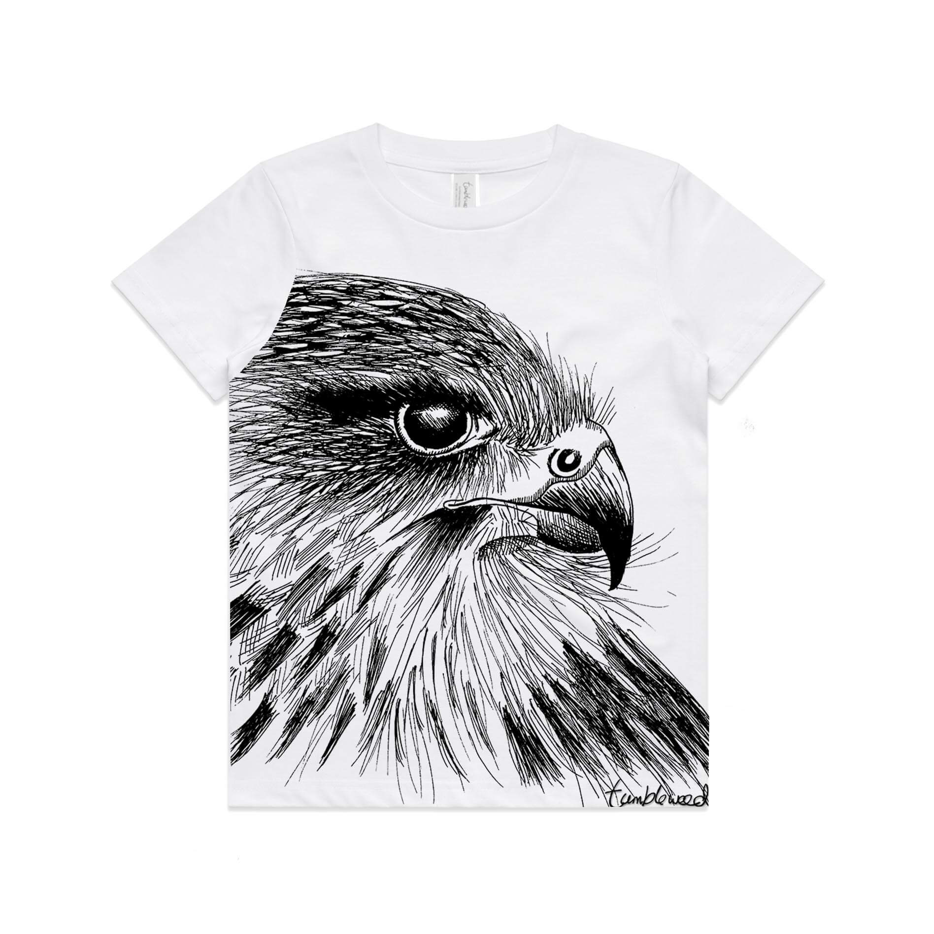 White, cotton kids' t-shirt with screen printed Kids Karearea/NZ Falcon design.