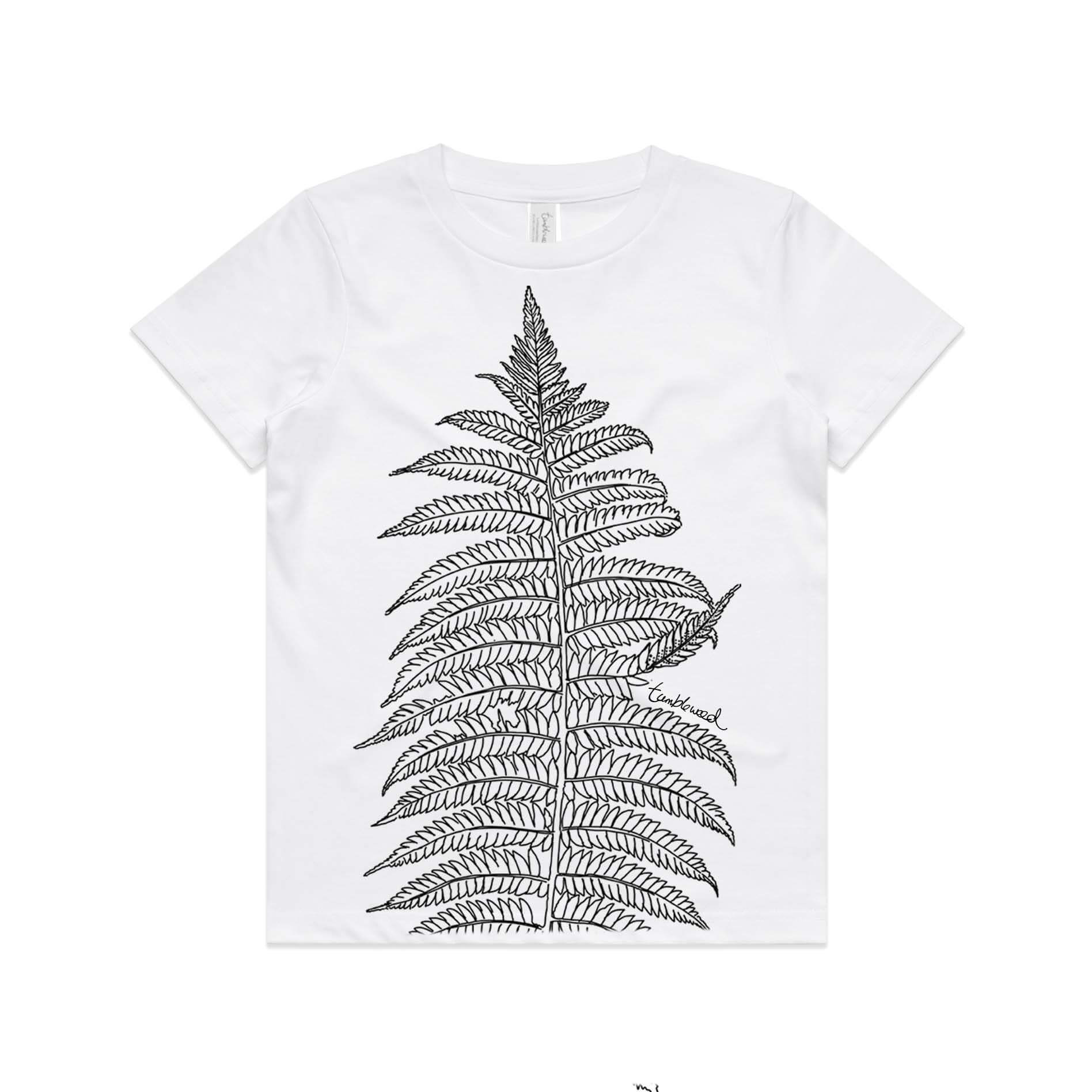 White, cotton kids' t-shirt with screen printed Silver fern/ponga design.
