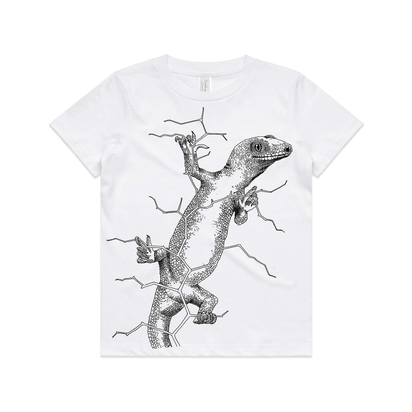 White, cotton kids' t-shirt with screen printed gecko design.