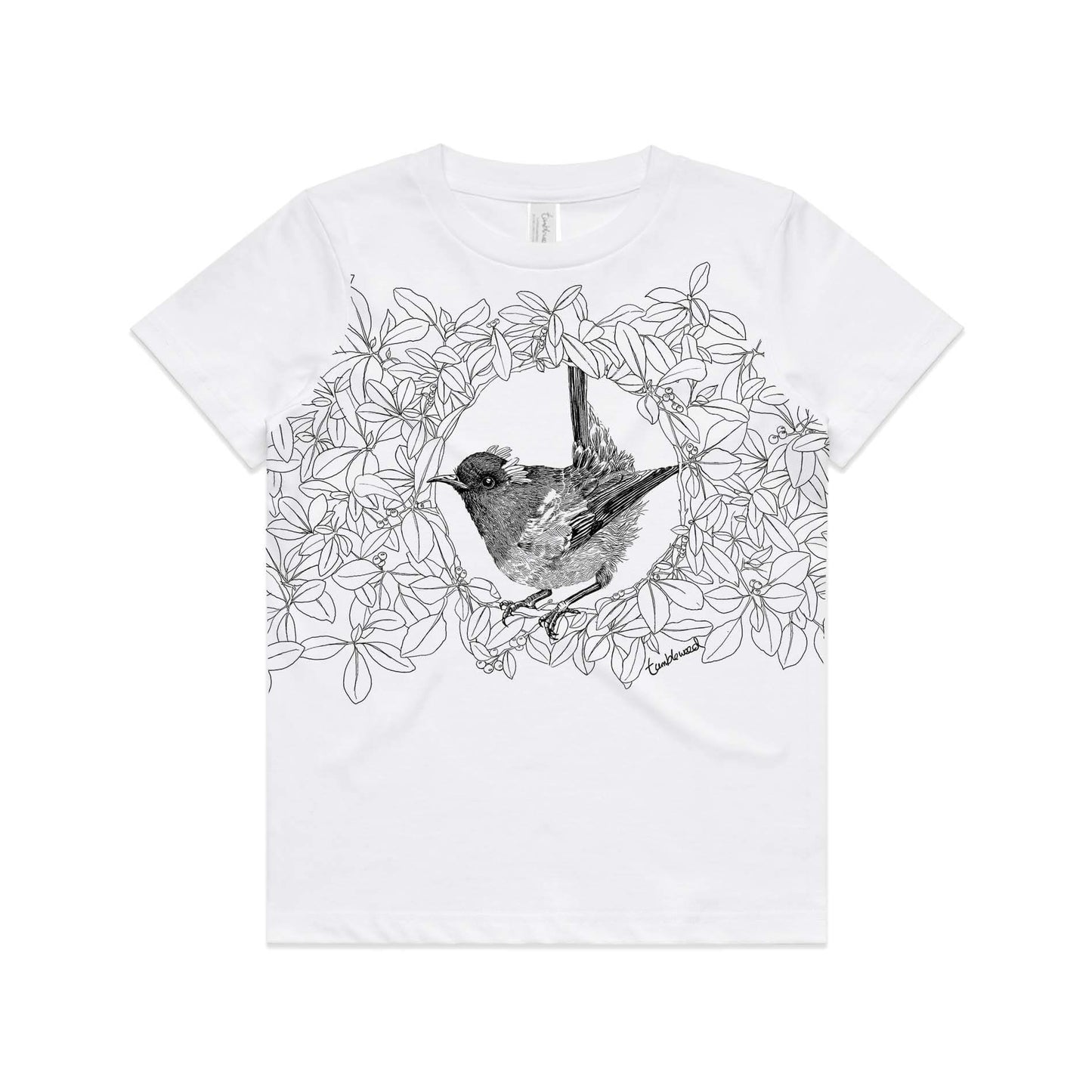 White, cotton kids' t-shirt with screen printed Kids hihi/stitchbird design.