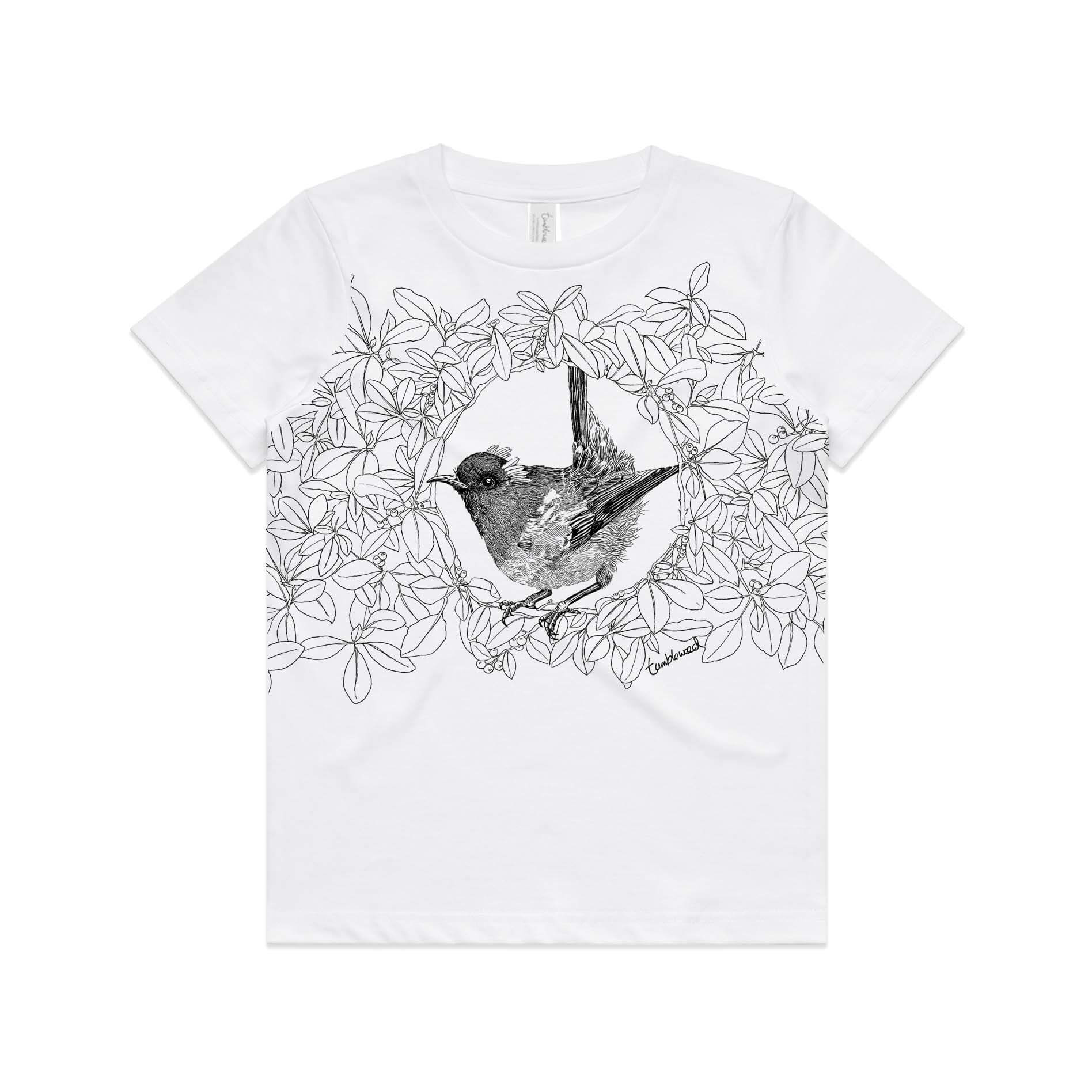 White, cotton kids' t-shirt with screen printed Kids hihi/stitchbird design.