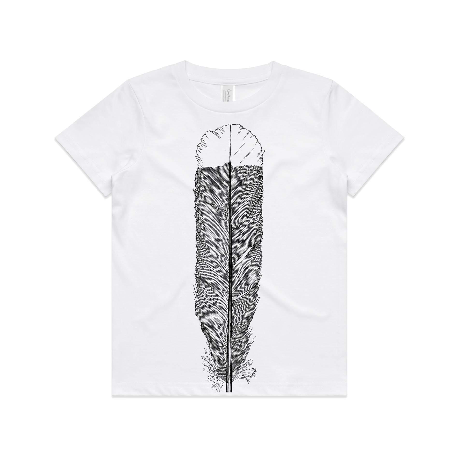 White, cotton kids' t-shirt with screen printed Kids huia feather design.