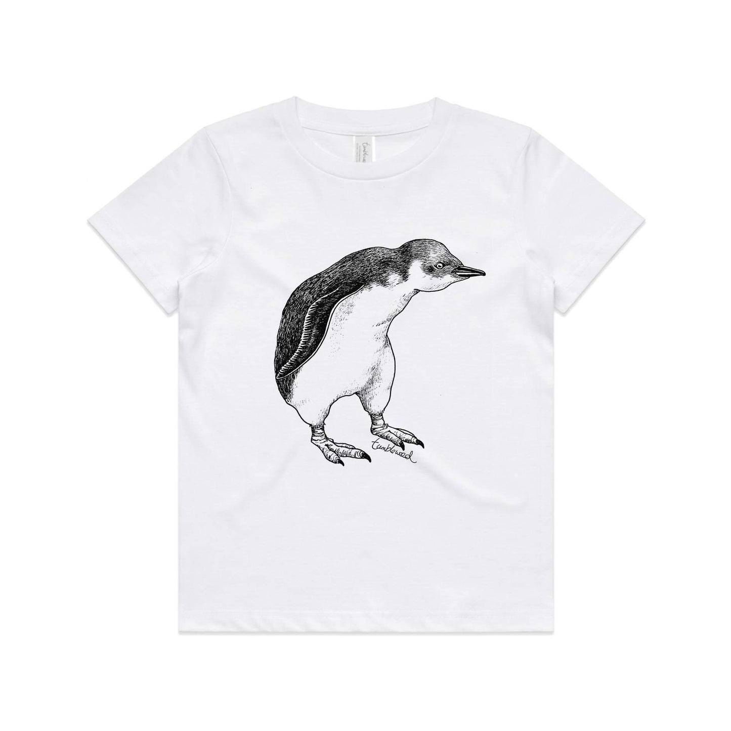 White, cotton kids' t-shirt with screen printed Kids kororā/little penguin design.