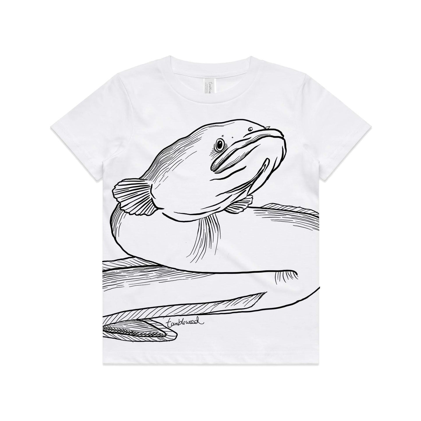 White, cotton kids' t-shirt with screen printed Long fin eel/tuna design.