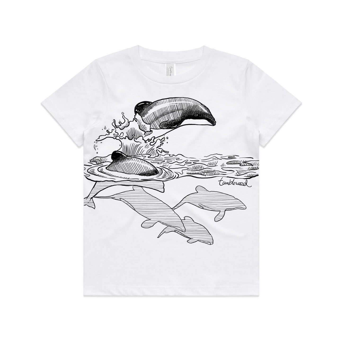 White, cotton kids' t-shirt with screen printed ducks maui dolphin design.