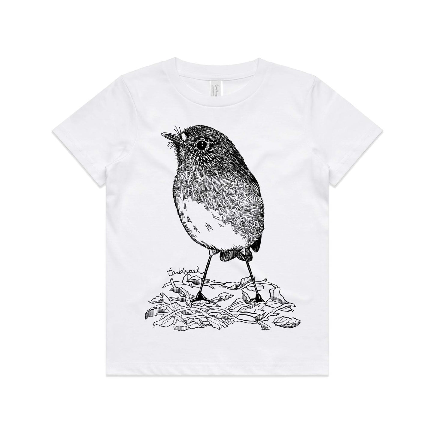 White, cotton kids' t-shirt with screen printed North Island robin/toutouwai design.