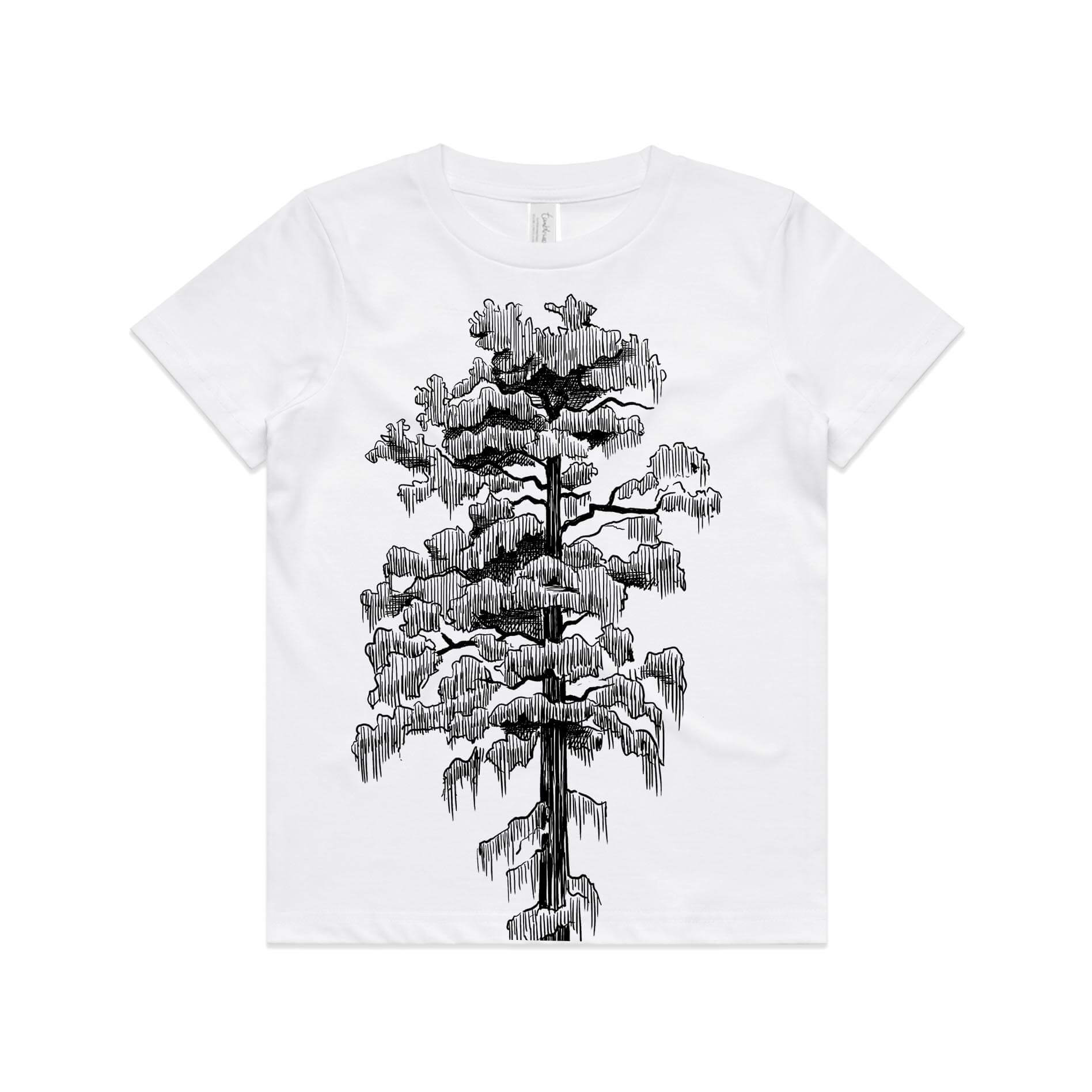 White, cotton kids' t-shirt with screen printed rimu design.
