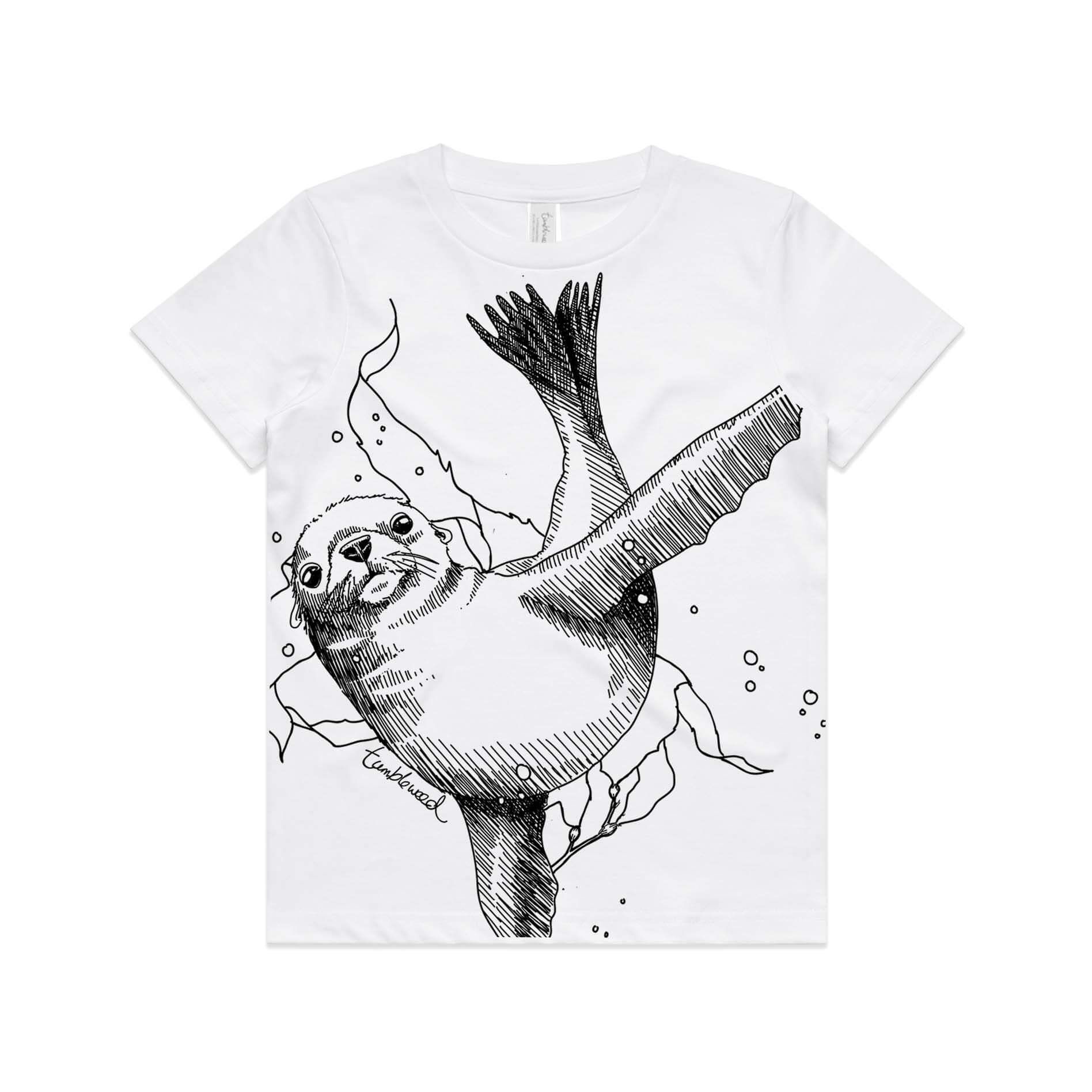 White, kids’ t-shirt featuring a screen printed New Zealand sea lion design.