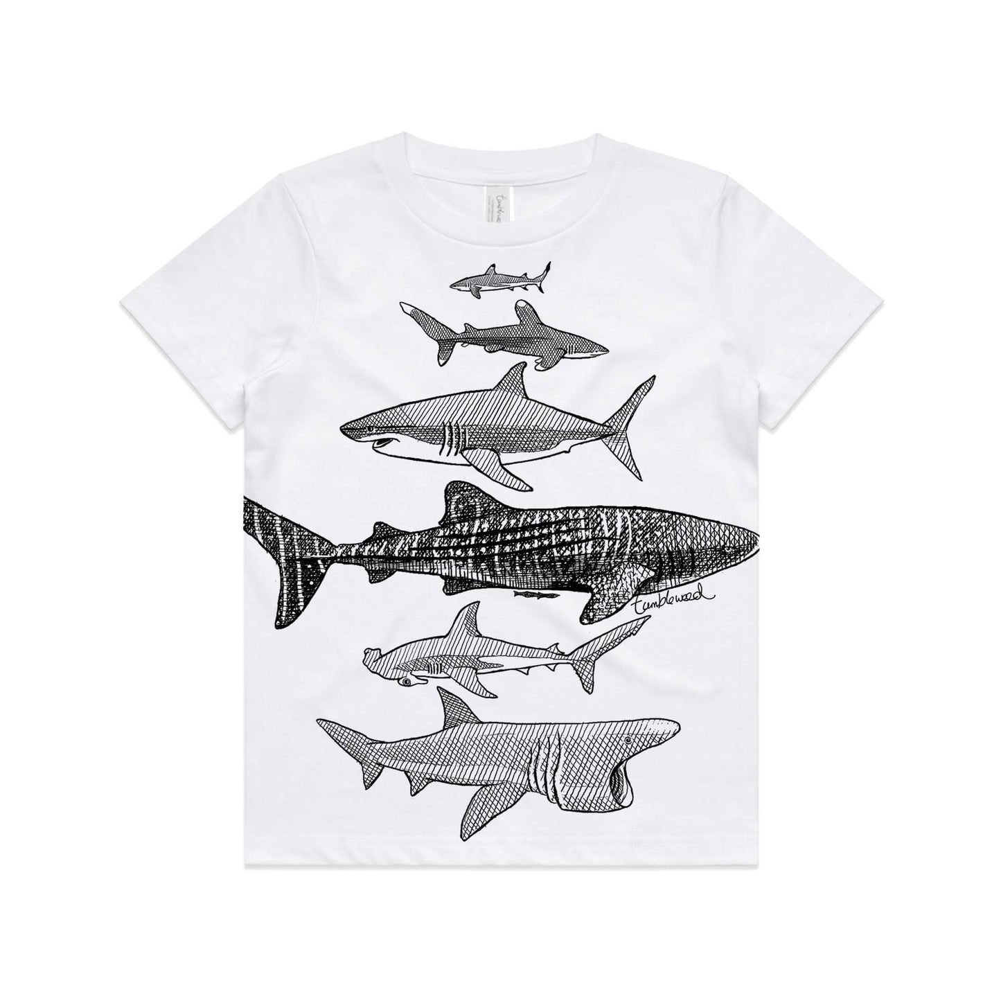 While, cotton kids' t-shirt with screen printed Kids shark design.