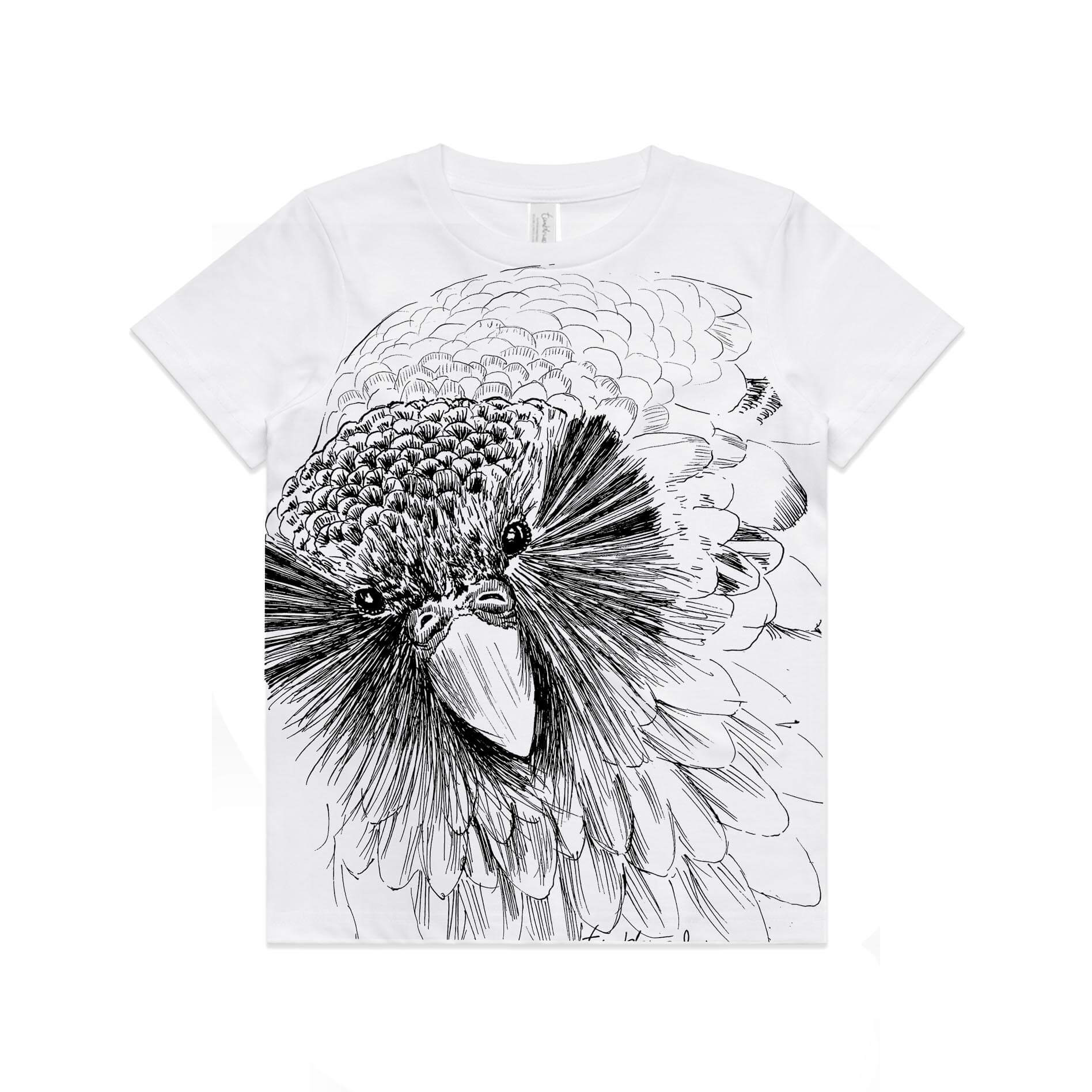 White, cotton kids' t-shirt with screen printed Sirocco the Kakapo design.