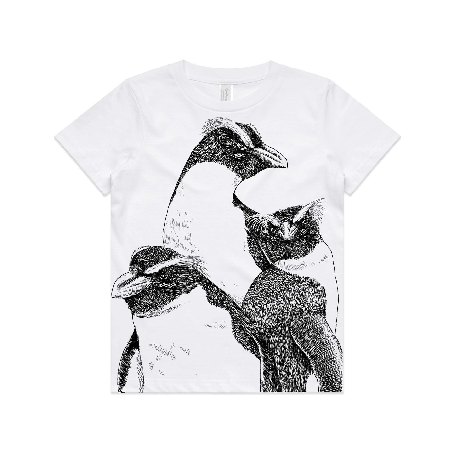 White, cotton kids' t-shirt with screen printed Kids tawaki/fiordland crested penguin design.
