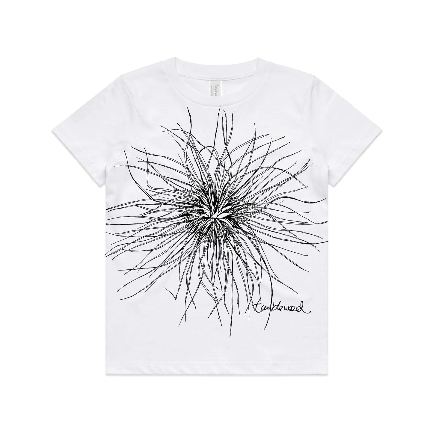 White, cotton kids' t-shirt with screen printed Kids tumbleweed/spinifex design.