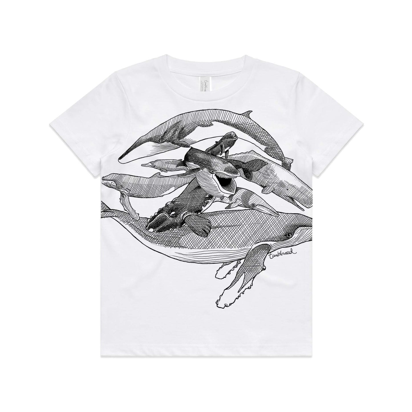 White, cotton kids' t-shirt with screen printed Kids whales design.