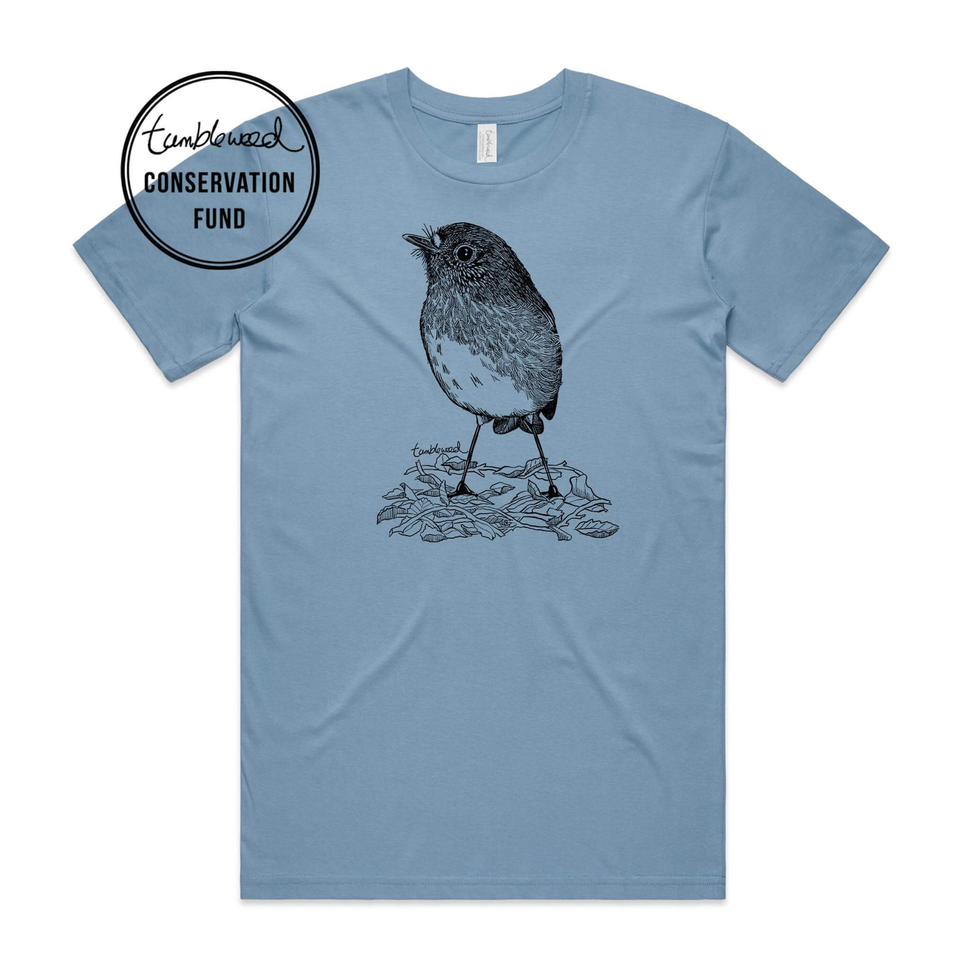 Sage, male t-shirt featuring a screen printed North Island Robin/toutouwai design.