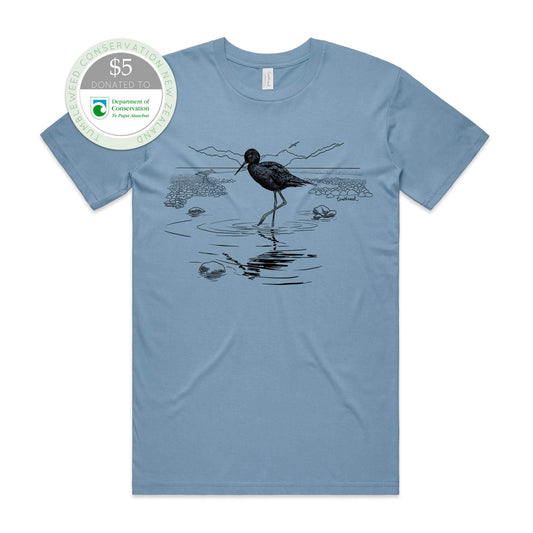 Sage, female t-shirt featuring a screen printed black stilt/kaki design.