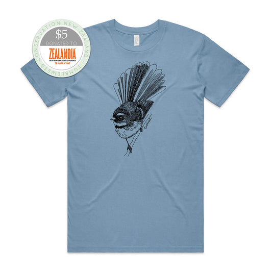 Blue, male t-shirt featuring a screen printed black Fantail/Pīwakawaka design.