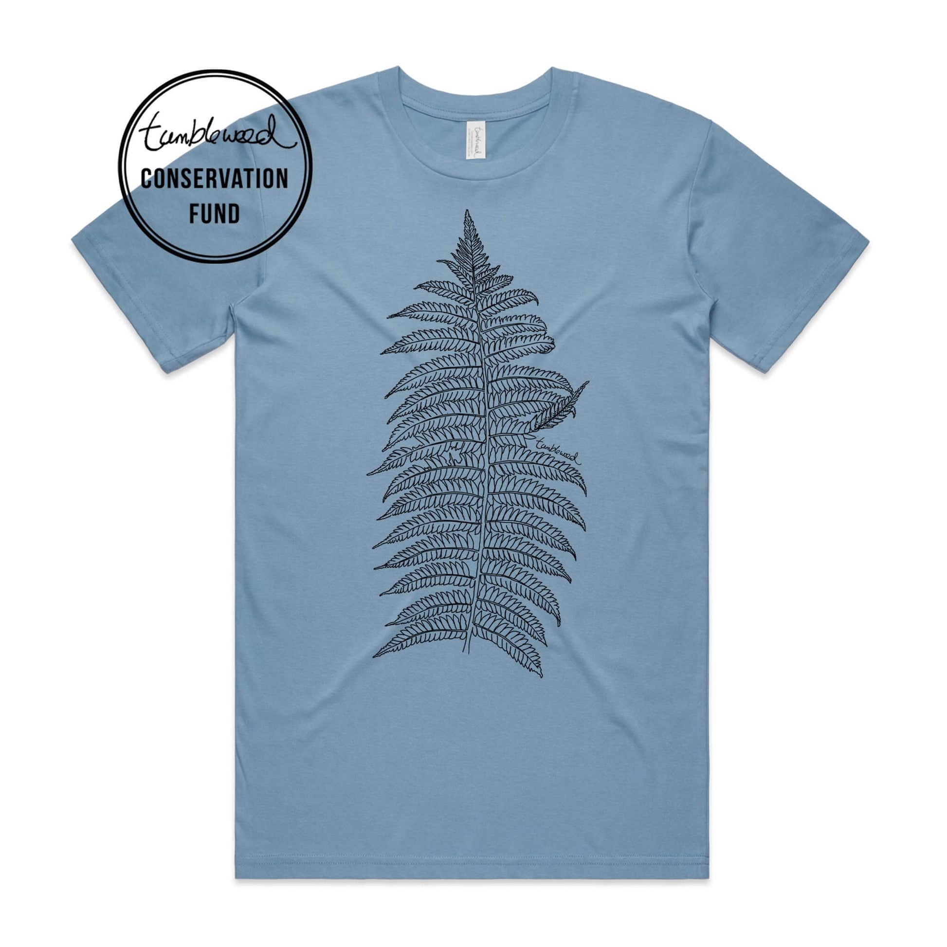 Sage, male t-shirt featuring a screen printed Silver fern/ponga design.