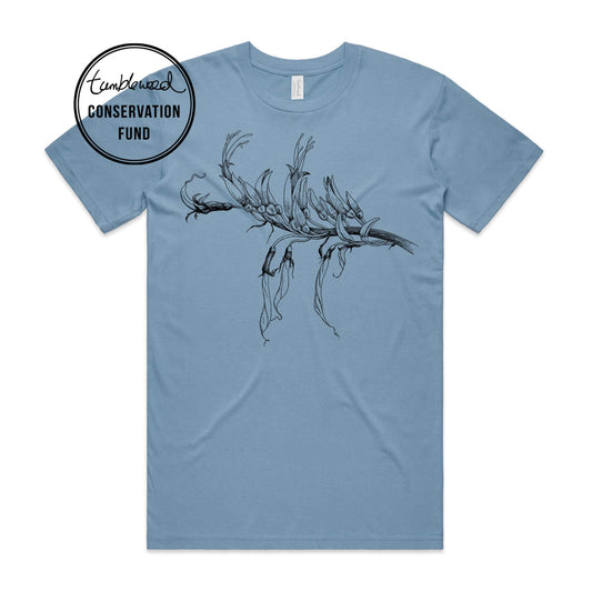 Mustard, female t-shirt featuring a screen printed Mountain Flax design.