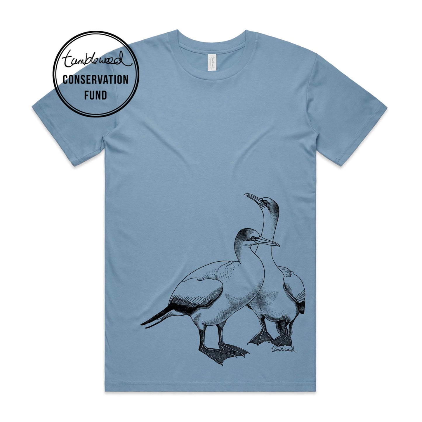 Sage, female t-shirt featuring a screen printed gannet design.