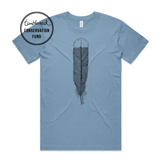 Sage, female t-shirt featuring a screen printed huia feather design.