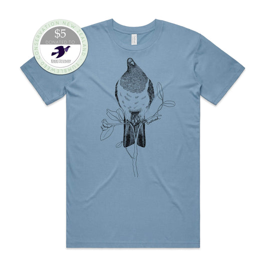 Sage, female t-shirt featuring a screen printed kereru design.